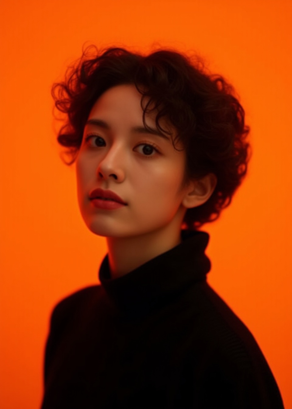 The image features a person with curly,dark hair against a solid orange background. The subject is wearing a black turtleneck,which contrasts sharply with the warm background,drawing attention to their face. Their expression is neutral,with a slight tilt of the head,giving a sense of calm and poise. The lighting highlights the natural texture of their skin and hair,adding depth to the image. The composition is simple yet striking,focusing entirely on the subject without any distractions from the background. The overall mood is one of elegance and simplicity,emphasizing the subject's features and expression.,
