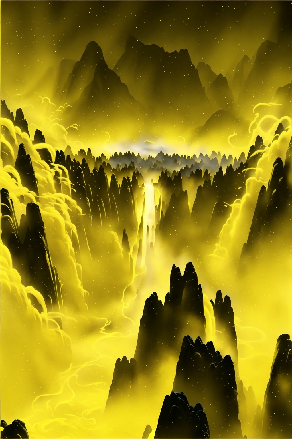 ycbh, yellow theme, no humans, scenery, outdoors, mountain, Taihang Mountains, Great Mountains, Yellow, Black Background, Overlooking Camera, Stereoscopic, Large Scene, Mist,<lora:ycbh4:0.8>,