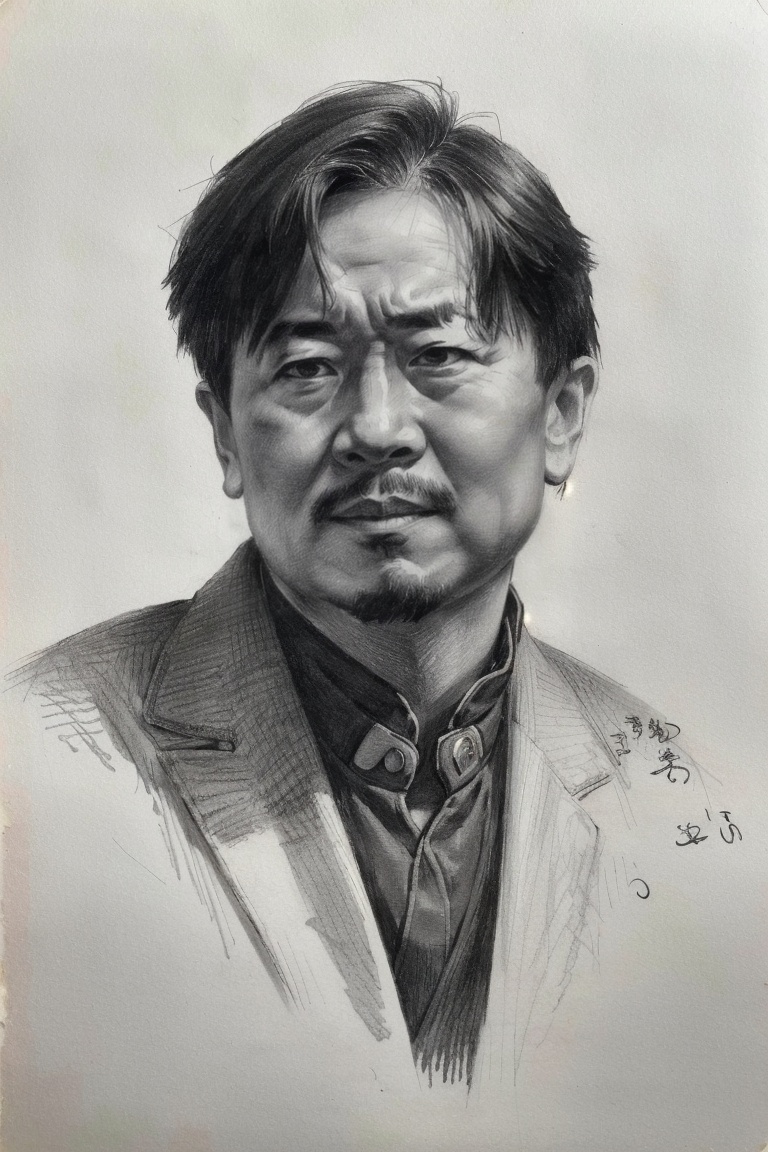 ((HRD, HUD, 8K)),((masterpiece, best quality)), highly detailed, photo_\(medium\),1boy, Sketch,monochrome, greyscale, traditional media, signature, graphite (medium), upper body, simple background,suit, looking at viewer,  <lora:20240218-1708223770681:0.9>