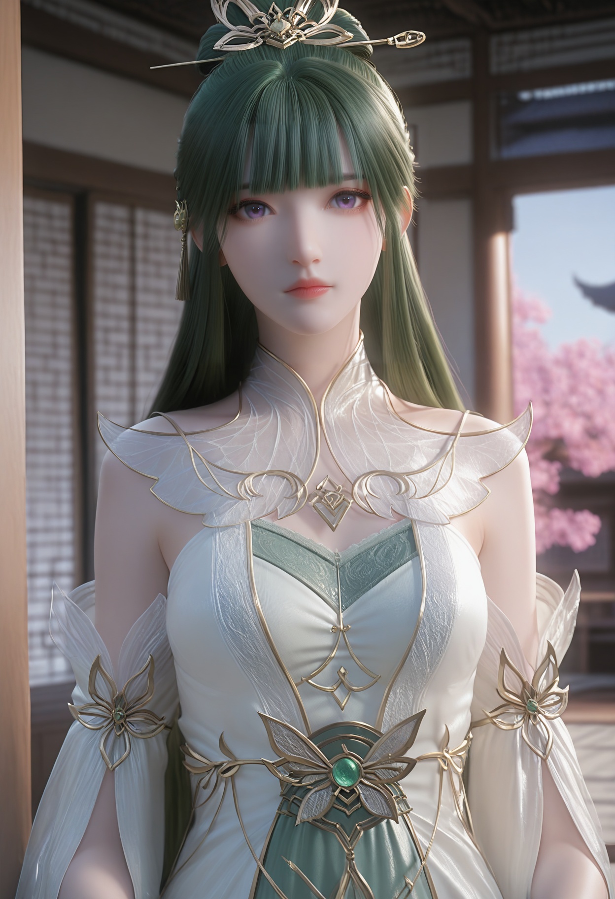 Fu_qu,1girl,green hair,hair ornament,long hair,bangs,blurry background,anklet,barefoot,purple eyes,bare shoulders,<lora:Fu_qu_10_illu-000004:0.75>,white dress,green dress,detached sleeves,see-through,gold trim,photorealistic,hyperrealistic,<lora:realistic filter [IL]:1>,(pale skin:1.2),looking at viewer,standing,(upper body:1.5),close up,head shot,lantern,open window,looking at viewer,indoors,mountains,blossoms,flowers,east asian architecture,beautiful sunrise,warm ambient temperature,