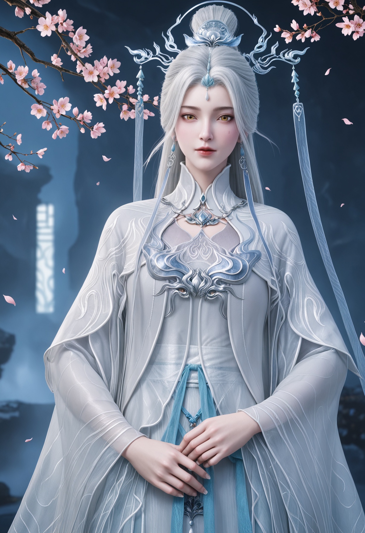 (cowboy shot:1.2),(looking at viewer:1.1),masterpiece,(best quality),smog,Dark room,dim lighting,peach blossom,falling petals,<lora:YQ_Illustrious光辉v5_剑妈_服装2_V1:0.8>,q1528437228,solo,1girl,white hair,long hair,jewelry,hair ornament,earrings,hair bun,chinese clothes,dress,long sleeves,white dress,yellow eyes,wide sleeves,forehead mark,brown eyes,robe,single hair bun,tassel,facial mark,