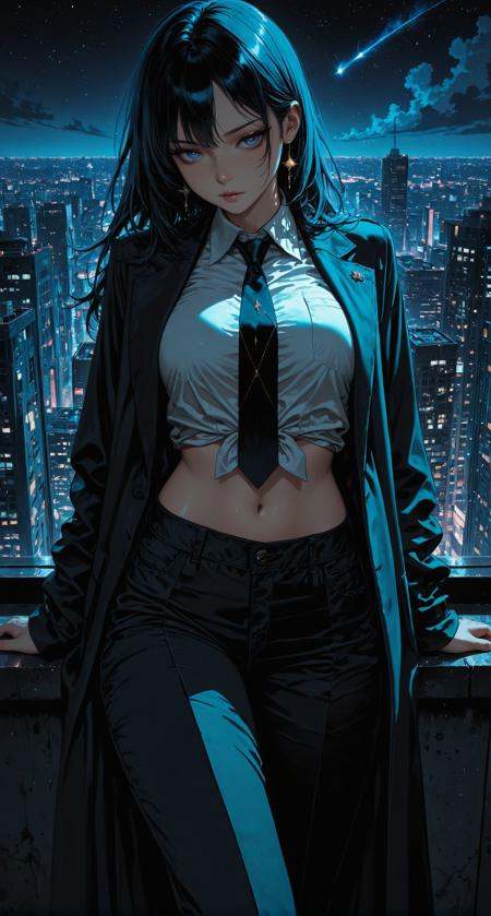 traditional media,1girl aged up,shirt,solo,navel,necktie,long pants,Cosmic modern,fashion (时尚),city landscape,night,, masterpiece,best quality,amazing quality,high quality, newest, highres,8K,HDR,absurdres,vibrant colors,Volumetric lighting,cinematic,<lora:iLLMythM4gicalL1nes:0.4>,m4gicall1nes,<lora:Sinozick_style:0.4>,sinozick_illu,zPDXL2,