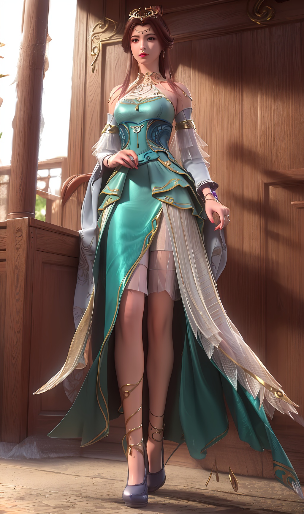 3D,masterpiece,(best quality),(makeup),official art, extremely detailed cg 8k wallpaper,((crystalstexture skin)), (extremely delicate and beautiful),(highly detailed),(face),(headgear),(tassel),(1girl), (solo), (jewelry), (earrings),(brown_hair),(long_hair),(hair_ornament),(handwear),(breasts),(standing),,(detached_sleeves),(bare_shoulders),,((full_body,whole_body)),(dress),(multicolored_clothes),(multicolored_dress),(closed_mouth),(traditional_clothes),(long_dress),(long_skirt),(gold_trim),(shorts),(shiny_clothes),(sunshine, outdoor),((looking_at_viewer)),((Facing the camera)), (long_legs), (blue_shoes),(flat_shoes),(anklet),(cloth_shoes), , <lora:hipoly3DModelLora_v10:0.3>
