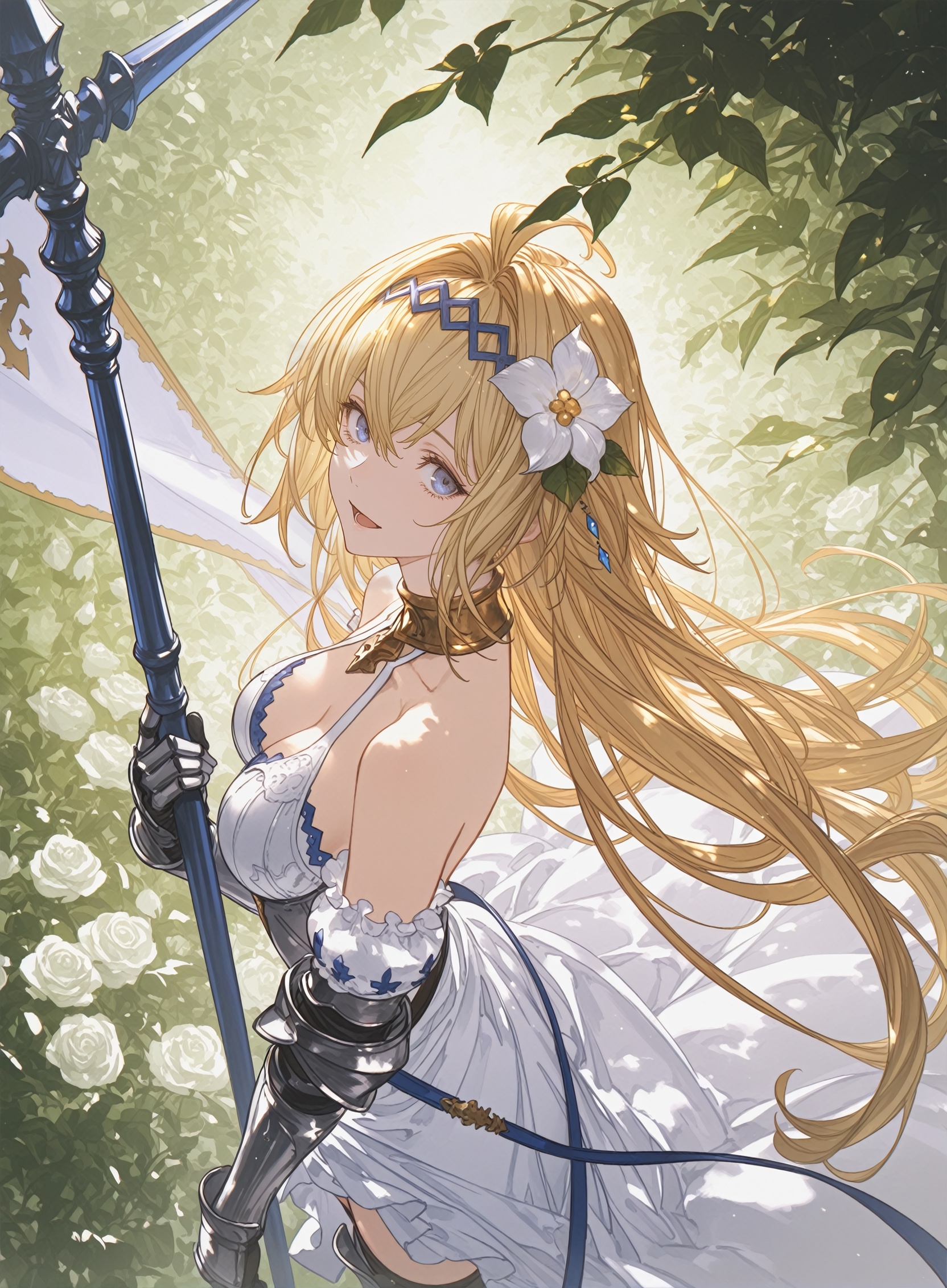 rtist:miv4t,(artist:yoneyama mai:0.8),(artlist:betabeet:0.8),(artist:rella:0.6),(artist:wanke:0.6),(artist:xilmo:0.6),masterpiece,best quality,amazing quality,newest,solo,1girl,masterpiece,best quality,highly detailed,absurdres,open eyes,looking at viewer,light smile,open mouth,from side,staring at viewer,1girl,solo,long hair,breasts,bangs,blue eyes,blonde hair,hair ornament,gloves,dress,holding,bare shoulders,medium breasts,very long hair,weapon,flower,ahoge,hair flower,holding weapon,white dress,armor,gauntlets,spear,flag,greaves,banner,profile,from above,woman,gold jewelry,head turned to the side,floral background,white theme,surreal,leaf,plant,ivy background,white rose background,dappled sunlight,natural background,green background,blonde hair,Jeanne d'Arc\(granblue fantasy\),