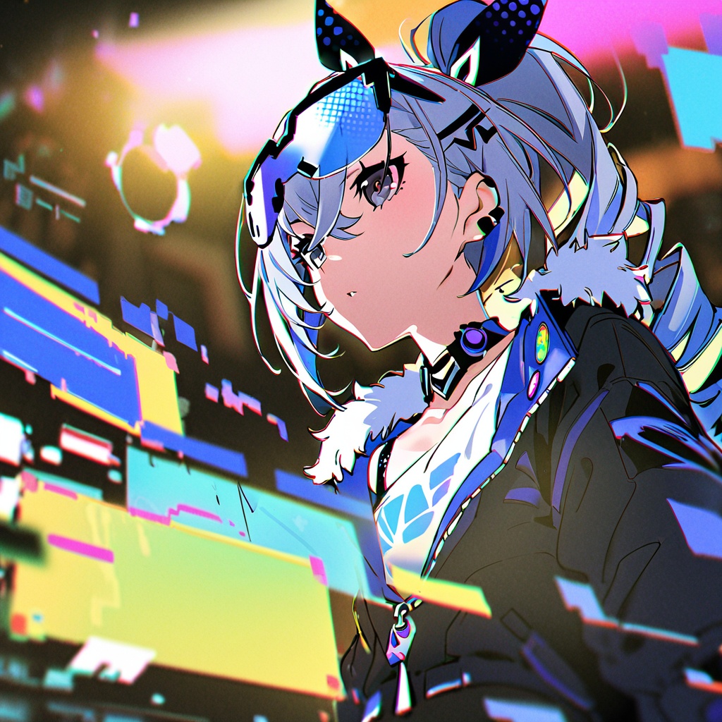 masterpiece, best quality,<lora:yoneyama-a31:1>,yoneyama mai, 1girl, silver wolf \(honkai: star rail\), honkai: star rail,grey hair, sunglasses, face,blurry, chromatic aberration, colorful, holographic interface, drone, 