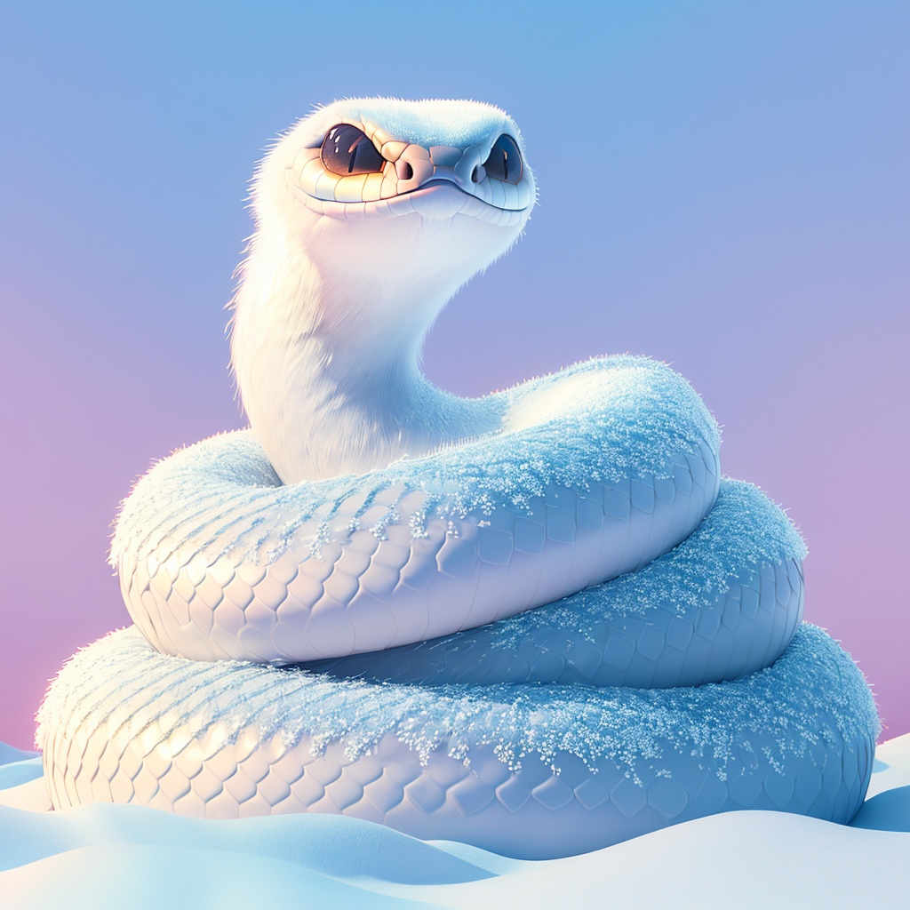 sishe, snake, cute, cc-color-correction, mf-movie-filter, warm colors, whimsy and dramatic lighting, white fur, soft lighting, fluffy, scales, white snake, snake focus, blue theme, blue background, no humans, close-up, simple background, day, looking at viewer, outdoors, oversized animal, snow, sky<lora:sishe_v1:0.8>,