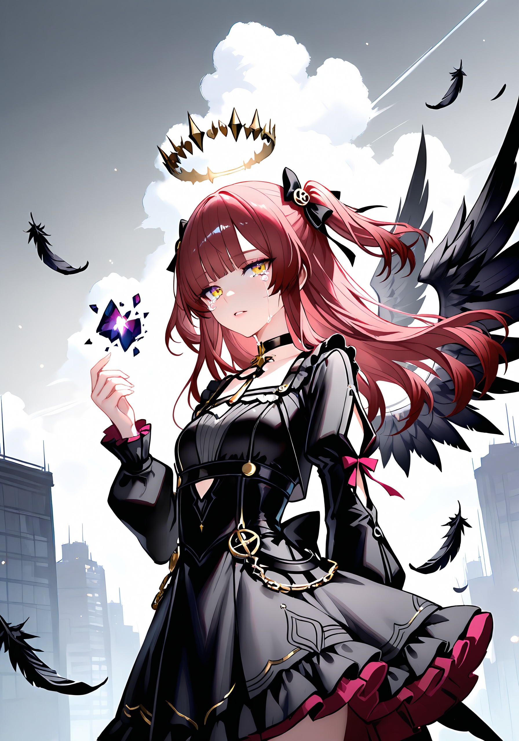 fox girl, red hair, two side up, hair between eyes, medium hair, yellow eyes, hair ribbon, black ribbon, fox ears, small breasts, tsurime, sidelocks, fluffy tail, 1girl, black bow, black choker, black dress, black feathers, black wings, blue eyes, blunt bangs, bow, building, choker, closed mouth, cloud, cloudy sky, crying, crying with eyes open, disintegration, dress, falling feathers, feathers, floating hair, frilled dress, frills, grey hair, grey sky, hair bow, hair ornament, hand up, long hair, long sleeves, looking at viewer, outdoors, parted lips, puffy sleeves, purple eyes, sky, solo, tears, wind, wings, (sketch:1.2), hatching \(texture\), chromatic aberration, masterpiece, best quality, 4ur4_illu,shiny, traditional media, aosiai123_illu, ma1ma1helmes_b_illu,sketch, k4_illu<lora:Colored_Graphite_Scratches_ichi_sk-000008:0.8> <lora:Aura_Phantasy_illu:0.5> <lora:aosiai123_style:0.2> <lora:ma1ma1helmes_b-000014:0.25> <lora:ka_marukogedago:0.35> <lora:ayori-000152:0.65>