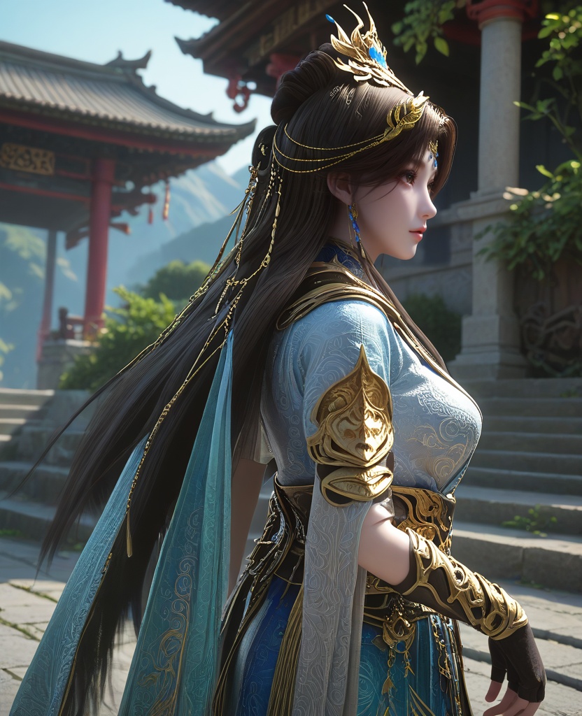 (oriental architecture, elegant decor, sophisticated style:1.1),(Hands on either side of head, looking up,:1.1),(from behind:1.1),(large breasts:1.2),<lora:XL16云深不知梦羲和第20集‌跃灵谷:0.95>,miss xihe,white and blue tiered hanfu,brown eyes,mole under left eye,black hair,very long hair,draped looped buns with front braid,hair ornament,jewelry,vambraces,black fingerless gloves,cape,sash,, score_9,score_8_up,score_7_up,score_6_up,score_5_up,score_4_up,3d rendering,tag1,tag2, Cinematic Lighting,backlighting,