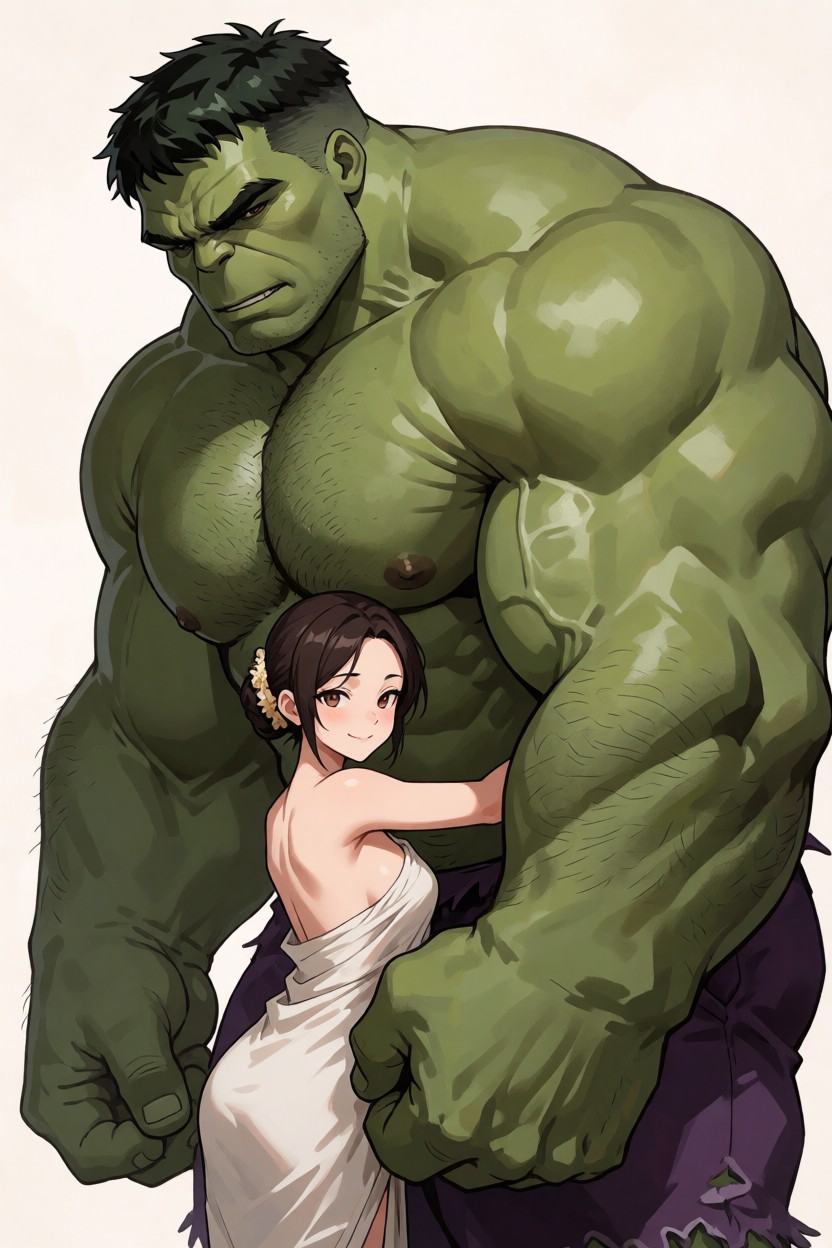 A digital illustration of a short 25-year-old woman with an elegant cloth and nice smile,  hugging the massive and tall gr...