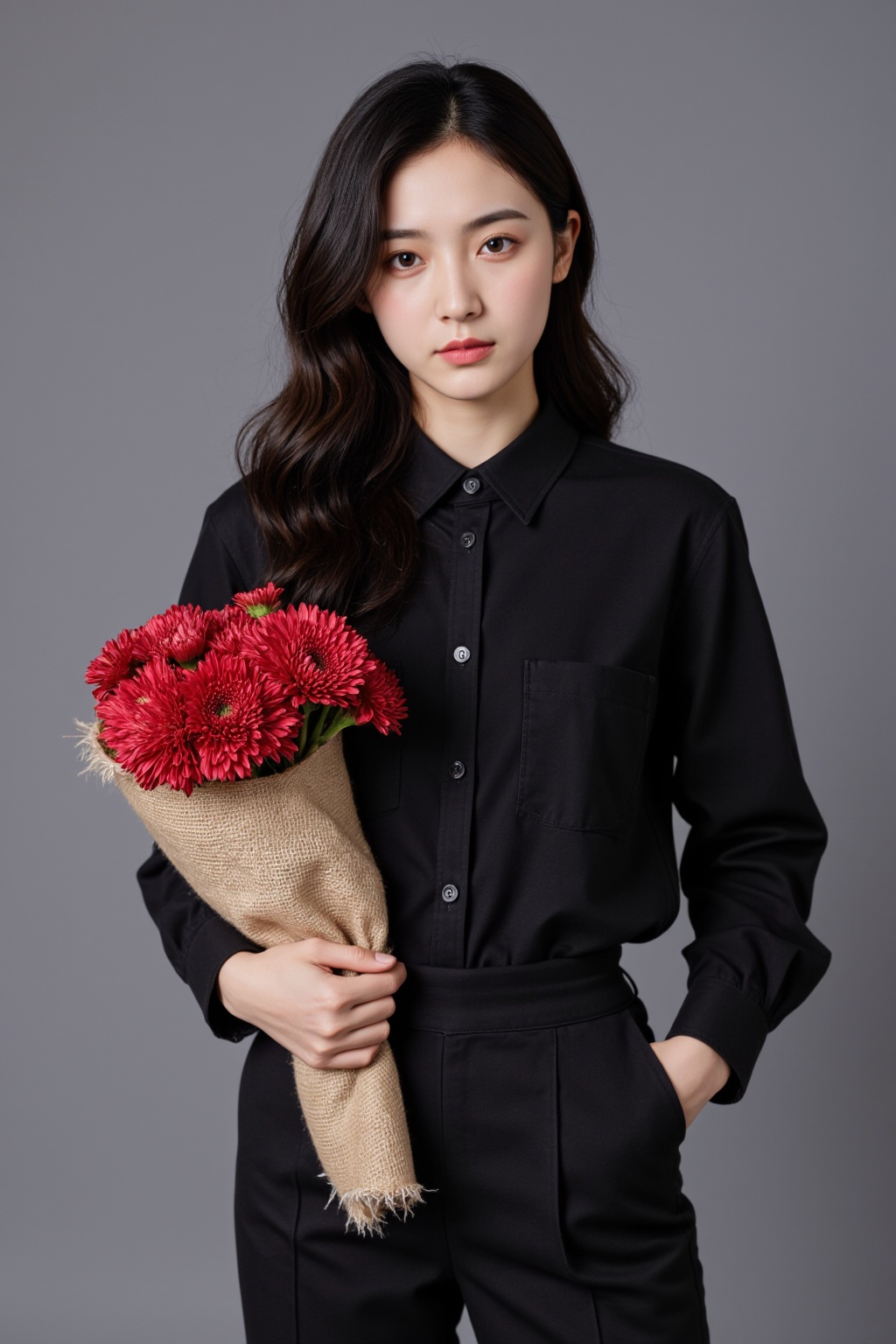A photograph of a young Asian woman with fair skin and long, wavy black hair. She is wearing a black, long-sleeved button-down shirt and high-waisted black pants. She holds a bouquet of vibrant red chrysanthemums wrapped in a beige burlap cloth with frayed edges. The background is a plain, muted gray. The woman's expression is neutral, and she stands confidently with her left hand resting on her hip.