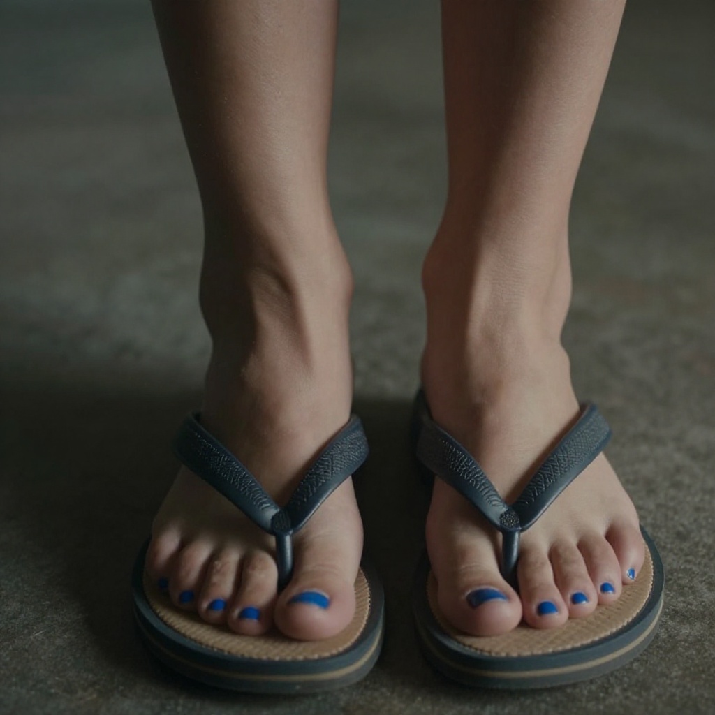 cinematic film still of Sharp detailed high quality image of a woman's feet with blue toenails and a pair of flip flops,...