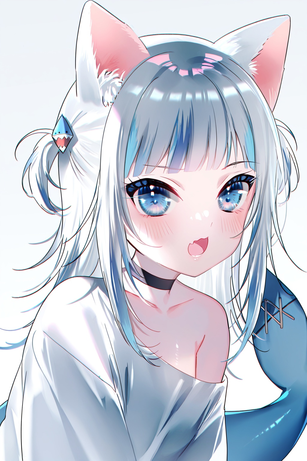 1girl,gawr gura,virtual youtuber,animal ears,tail,solo,blue eyes,multicolored hair,blue hair,streaked hair,shark tail,fish tail,fins,looking at viewer,cat ears,choker,open mouth,shirt,hair ornament,shark hair ornament,fang,blush,two side up,single bare shoulder,white shirt,grey hair,white background,simple background,off shoulder,black choker,animal ear fluff,blunt bangs,medium hair,shark girl,<lora:meiheyeragu-000150:1>,