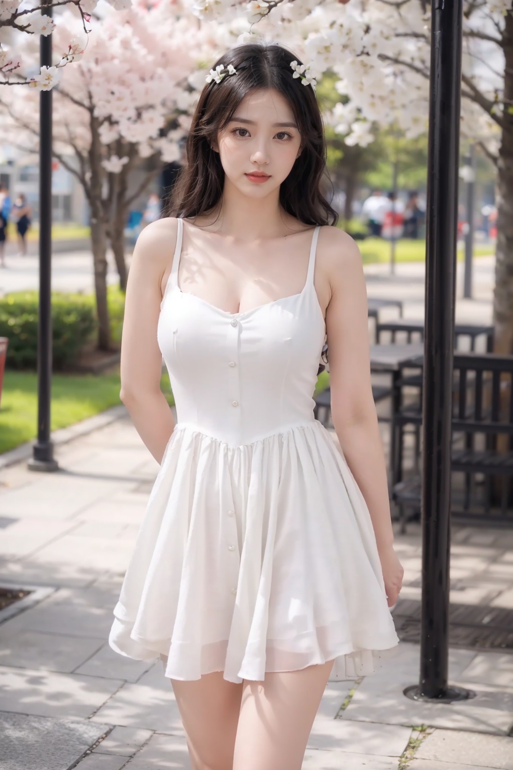 Realistic,masterpiece,best quality,8K,HDR,RAW,Charming expression,charm,sex,1girl,((solo)),(Spring scenery, parks, peach blossoms),(standing),large breasts,(Look at the audience),<lora:add_detail:0.6>,<lora:GoodHands-beta2:1>,<lora:ENNE 白色吊带短裙_v09:0.7>,white dress,