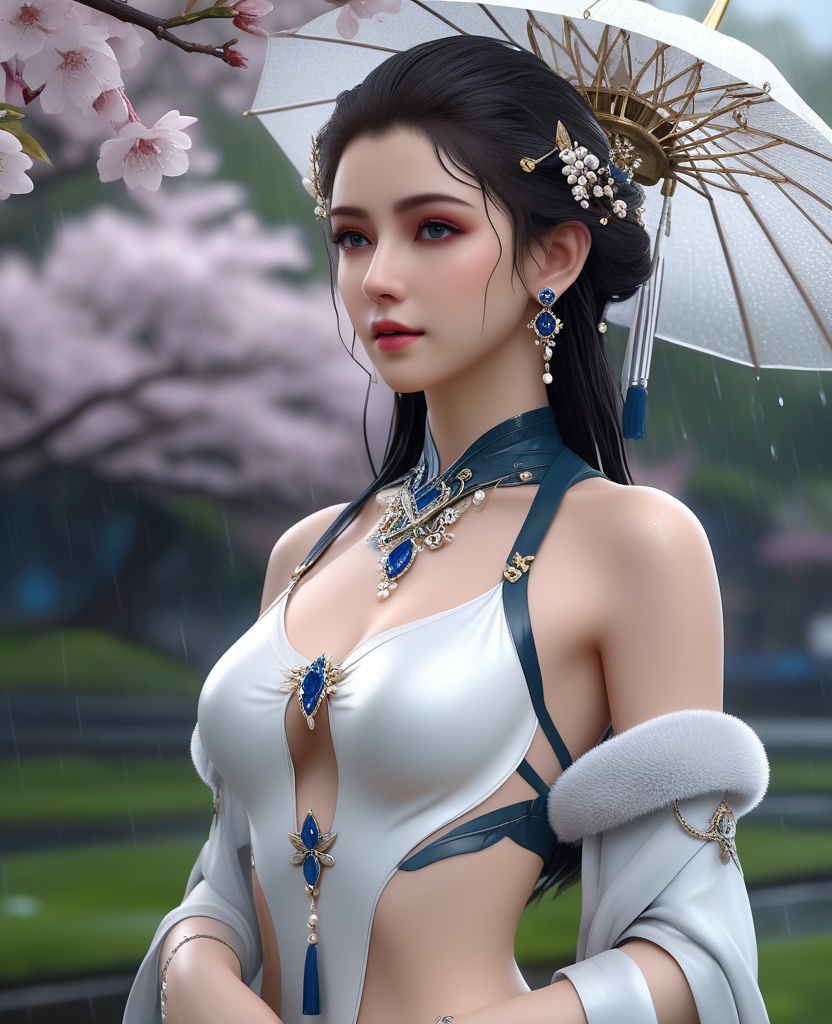 <lora:588-DA-XL-梦塔·雪谜城-白亦君:0.8>(,1girl, ,best quality, ),looking at viewer, ,ultra detailed 8k cg, ultra detailed background,  ultra realistic 8k cg,          cinematic lighting, cinematic bloom, (( , )),,  , unreal, science fiction,  luxury, jewelry, diamond, pearl, gem, sapphire, ruby, emerald, intricate detail, delicate pattern, charming, alluring, seductive, erotic, enchanting, hair ornament, necklace, earrings, bracelet, armlet,halo,masterpiece, (( , )),, realistic,science fiction,mole, ,cherry blossoms,(((, , ultra high res, (photorealistic:1.4), raw photo, 1girl, wet clothes, rain, sweat, ,wet, )))(( , ))   (cleavage), (),