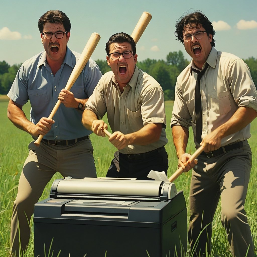 Office Space,  case of the mondays,  3 men with baseball bats beating the shit out of a printer in a field on Tensor.Art