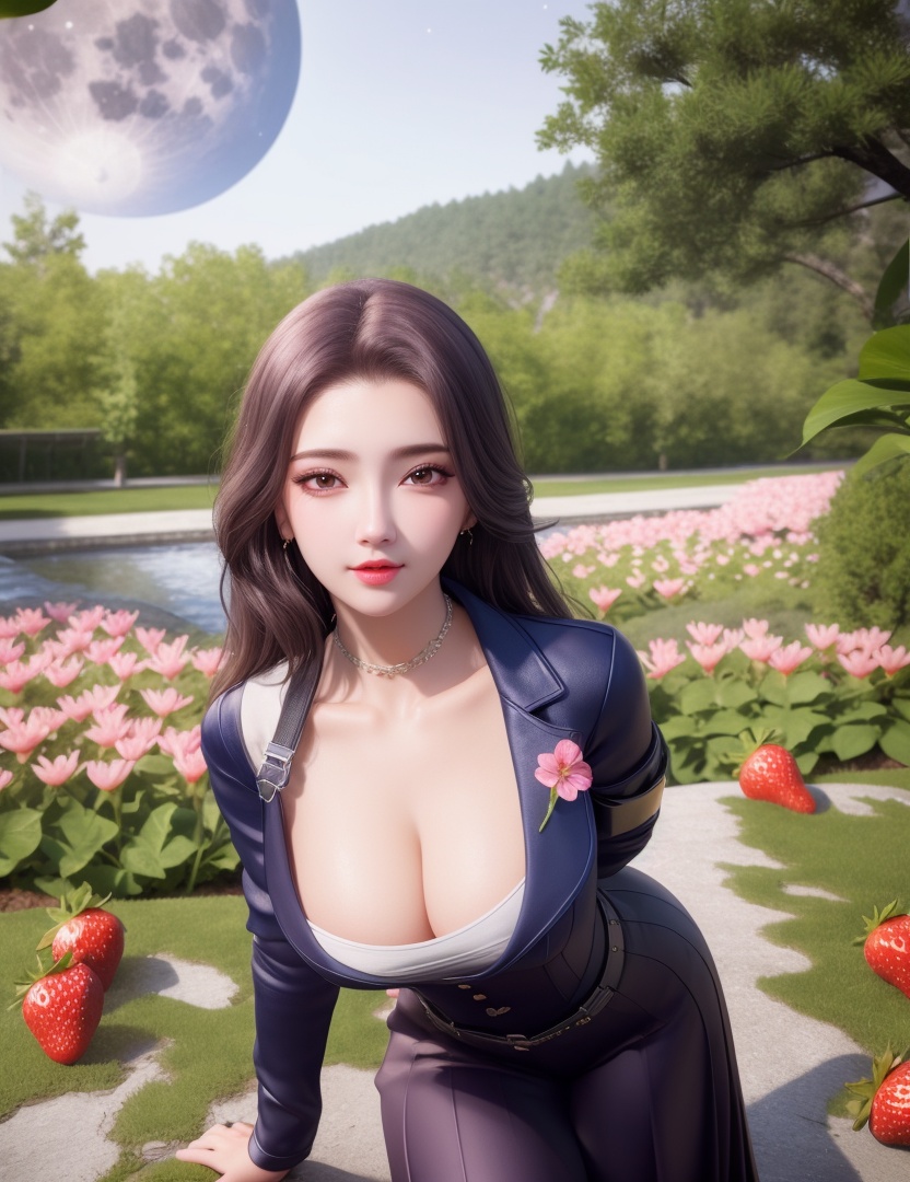 <lora:513-DA-穿越火线-云悠悠:0.8>(,1girl, ,best quality, ),looking at viewer,  ,ultra detailed background,ultra detailed background,ultra realistic 8k cg, , ,masterpiece, (( , )),, ultra realistic 8k cg, ,      ,lily \(flower\) ,full moon ,strawberry blossoms      (cleavage), (),