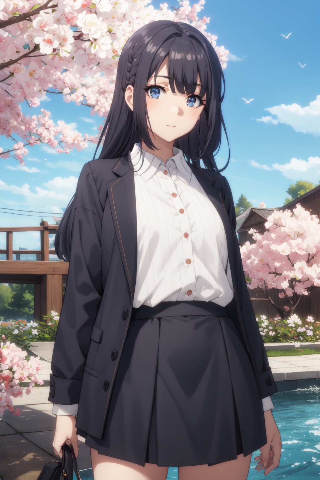 <lora:Shoko-000014:0.8>,Shoko CYQL,1girl,looking at viewer,solo,black_hair,long_hair,bangs,braid,blue_eyes,Airline staff members dressed in elegant navy blue outfits, featuring a fitted blazer, knee-length skirt, and a signature logo pin.,light_blush,upper_body,Cherry blossoms, Garden, Petals, Blossoming trees, Serenity, Zen, Pond, Bridges,(Agave plants, Succulents, Desert landscape, Cacti, Warm desert sun, Arid climate:0.5),beautiful detailed sky,beautiful detailed glow,posing in front of a colorful and dynamic background,masterpiece,best quality,beautiful and aesthetic,contrapposto,female focus,wallpaper,