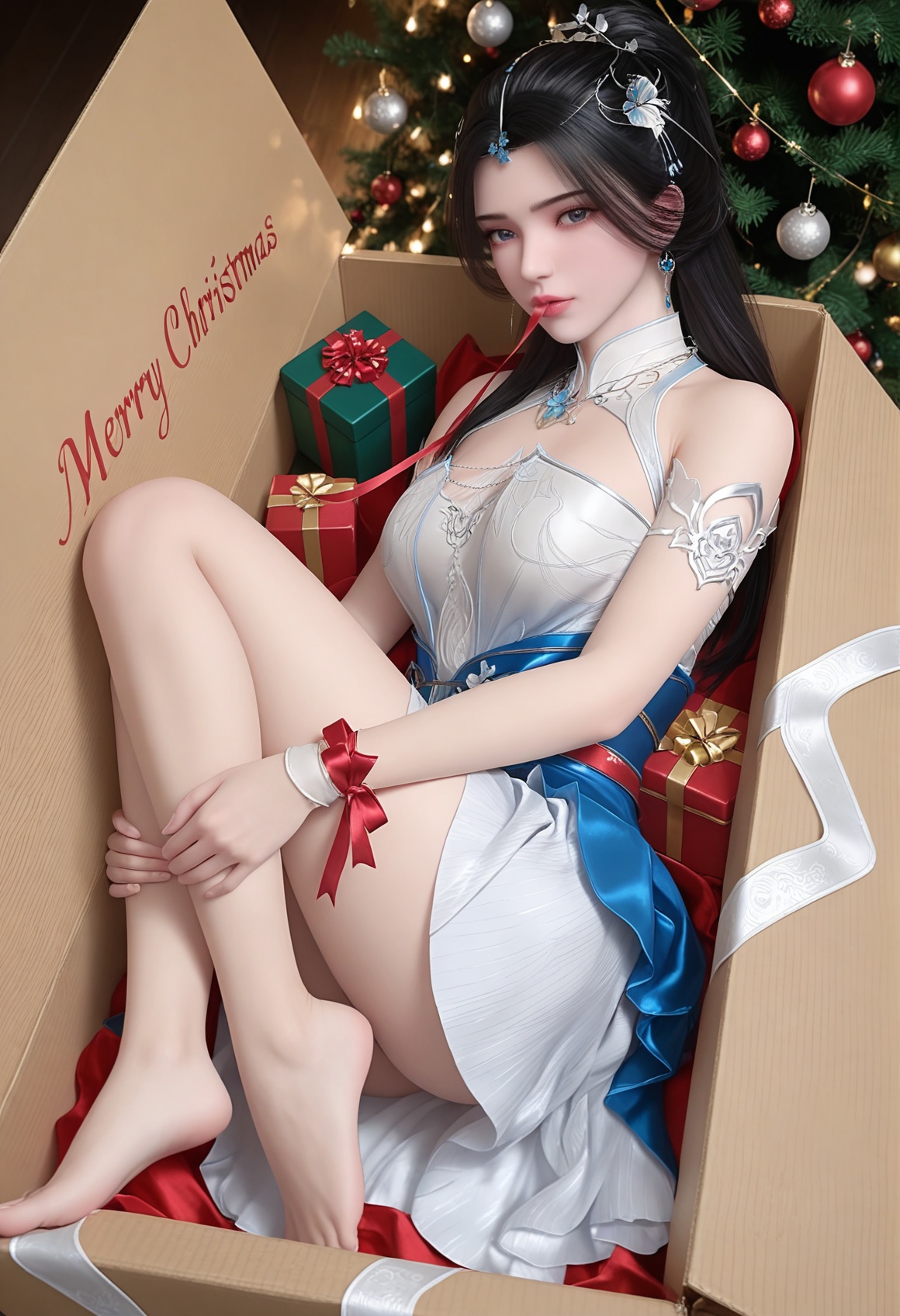 masterpiece,best quality,amazing quality,high resolution,ultra-detailed,absurdres,(looking at viewer:1.1),(moody lighting:1.1),1girl,jewelry,necklace,solo,box,earrings,in box,dress,bound,in container,looking at viewer,ribbon,lying,barefoot,blue eyes,merry christmas,on side,christmas,bare shoulders,gift,mouth hold,breasts,bdsm,bondage,<lora:李慕婉gh:0.8>,