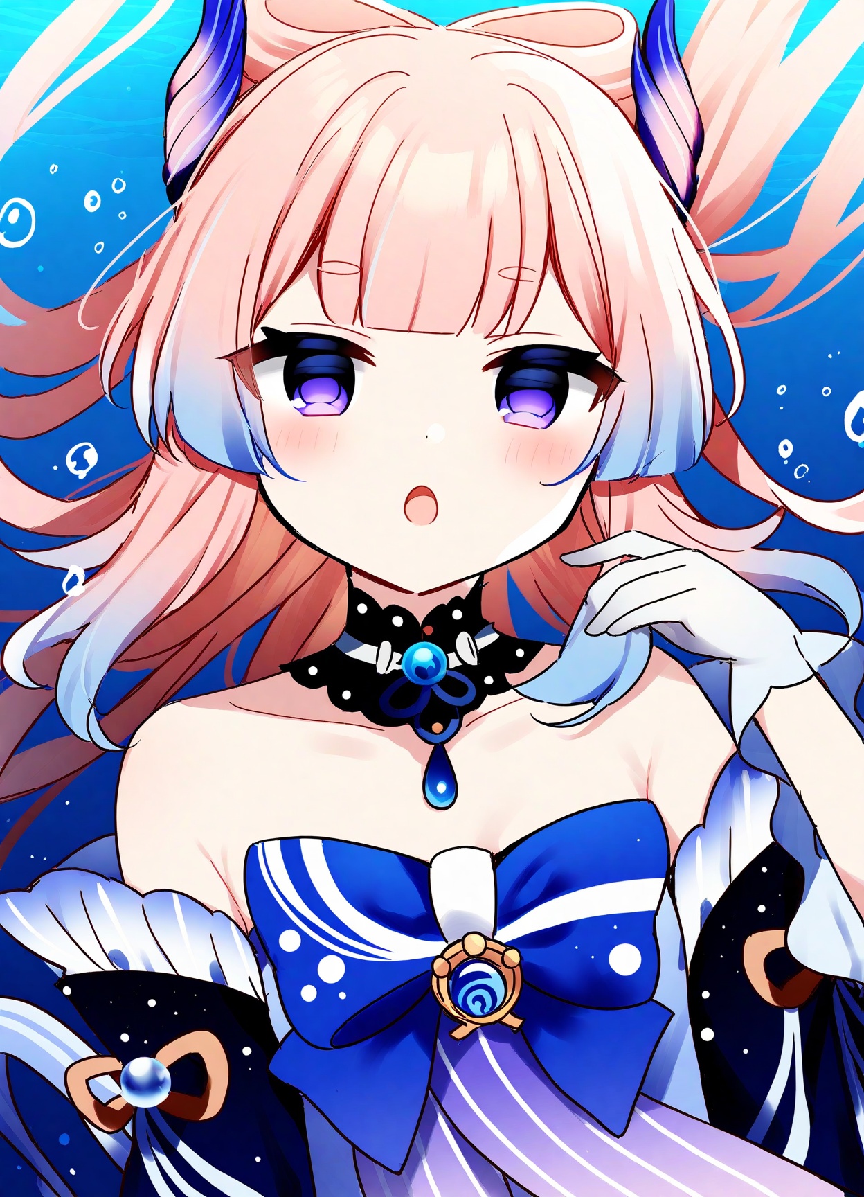 (Best-A:1.1),mafuyu,1girl, \:o, bare_shoulders, blue_bow, blue_dress, blue_hair, blunt_bangs, bow, commentary_request, dress, genshin_impact, gloves, gradient_background, hand_up, highres, long_hair, off-shoulder_dress, off_shoulder, open_mouth, pink_hair, purple_eyes, sangonomiya_kokomi, solo, underwater, upper_body, very_long_hair, white_gloves