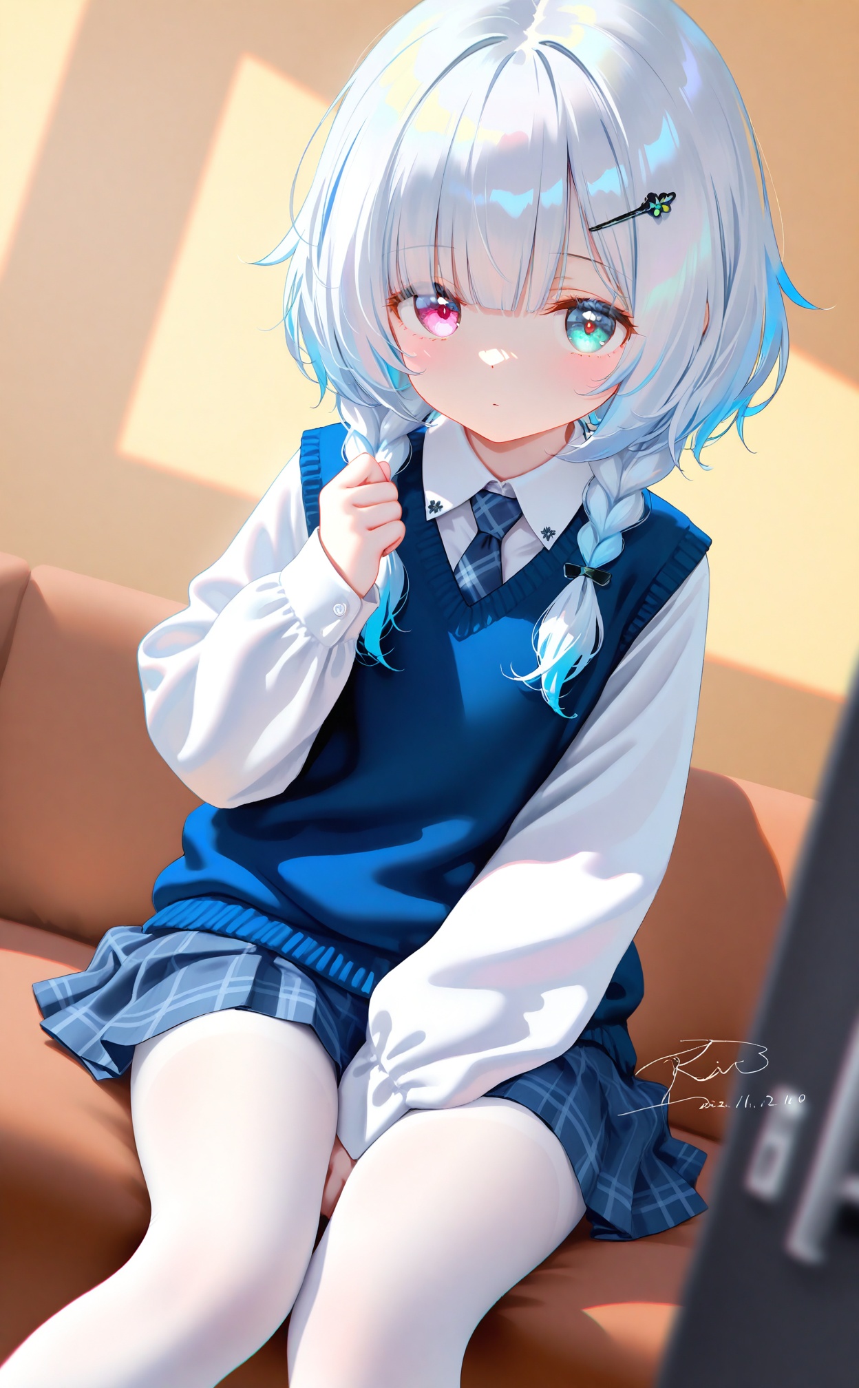 masterpiece,very aware,highres,absurdres,newest,best quality,petite,high quality,chromatic_aberration,cinematic_angle,dutch angle,//,artist:torino aqua,artist:rhasta,artist:wlop,artist:ke-ta,artist:hiten \(hitenkei\),//,1girl,white pantyhose,white hair,solo,between legs,necktie,skirt,pantyhose,hand between legs,multicolored eyes,braid,sitting,green eyes,looking at viewer,blue skirt,dated,shirt,hair ornament,signature,heterochromia,blush,pleated skirt,medium hair,purple eyes,gradient eyes,long sleeves,white shirt,arm between legs,blue vest,vest,collared shirt,hand up,feet out of frame,school uniform,pink eyes,symbol-shaped pupils,closed mouth,side braid,colored eyelashes,blue eyes,short necktie,miniskirt,long hair,knees together feet apart,blue hair,dot mouth,sleeves past wrists,child,multiple braids,sidelocks,clenched hand,light blush,blue sweater vest,thighband pantyhose,expressionless,print necktie,short hair,side braids,blunt bangs,artist name,heart-shaped pupils,eyes visible through hair,sleeve cuffs,plaid necktie,aqua eyes,wing collar,heart,two-sided skirt,blurry,white sleeves,brown background,french braid,dot nose,aged down,thighs,multicolored hair,