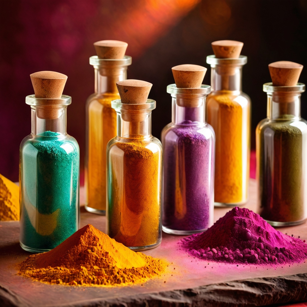 sceneindiaspice,  a glass skincare bottle,  Indian spice market stall on Tensor.Art