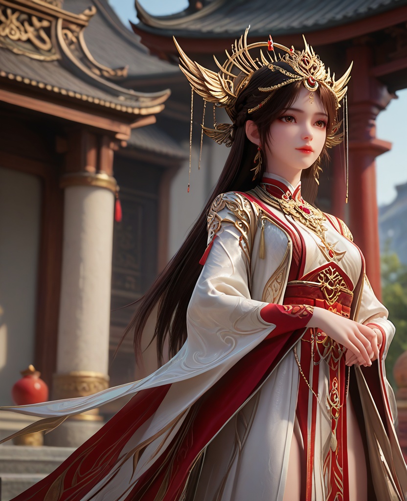 (oriental architecture, elegant decor, sophisticated style:1.1),Arms wrapped around the body, looking cozy,,(breasts:1.2),<lora:XL16完美世界火灵儿祈福装:0.85>,miss huolinger,solo,white robe with red chiffon dress underneath,sash,black hair,hair ornament,long hair,brown eyes,red lips,white topwear,pelvic curtain,wide sleeves of red chiffon,jewelry,earrings,, zPDXL2, score_9, score_8_up, score_7_up BREAK realistic, masterpiece,best quality, highly detailed,, zPDXL3, zPDXL2,zPDXL, zPDXLxxx, zPDXLrl,