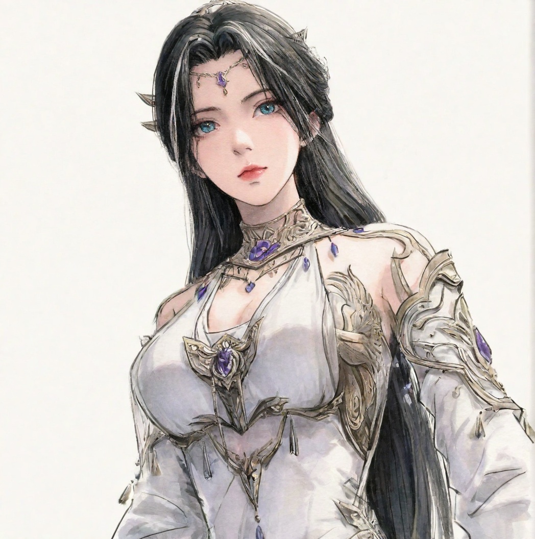 ((very awa)),solo,highly detailed,(best quality),((masterpiece)),1girl,chi,<lora:chi正则100nbXL:0.7>,painting \(medium\),watercolor \(medium\),ge,<lora:鸽正则nbXL:0.3>,<lora:魔女完美nbXL:0.7>,monv,long hair,black hair,dress,hair ornament,white dress,upper body,blue eyes,detached sleeves,