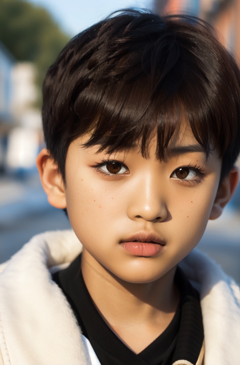 masterpiece,best quality,absurdres,looking at viewer,parted lips,upper body,blurry background,coat,brown eyes,street,facing viewer,asian,(male child:1.2),short hair,black hair,close-up,1boy,