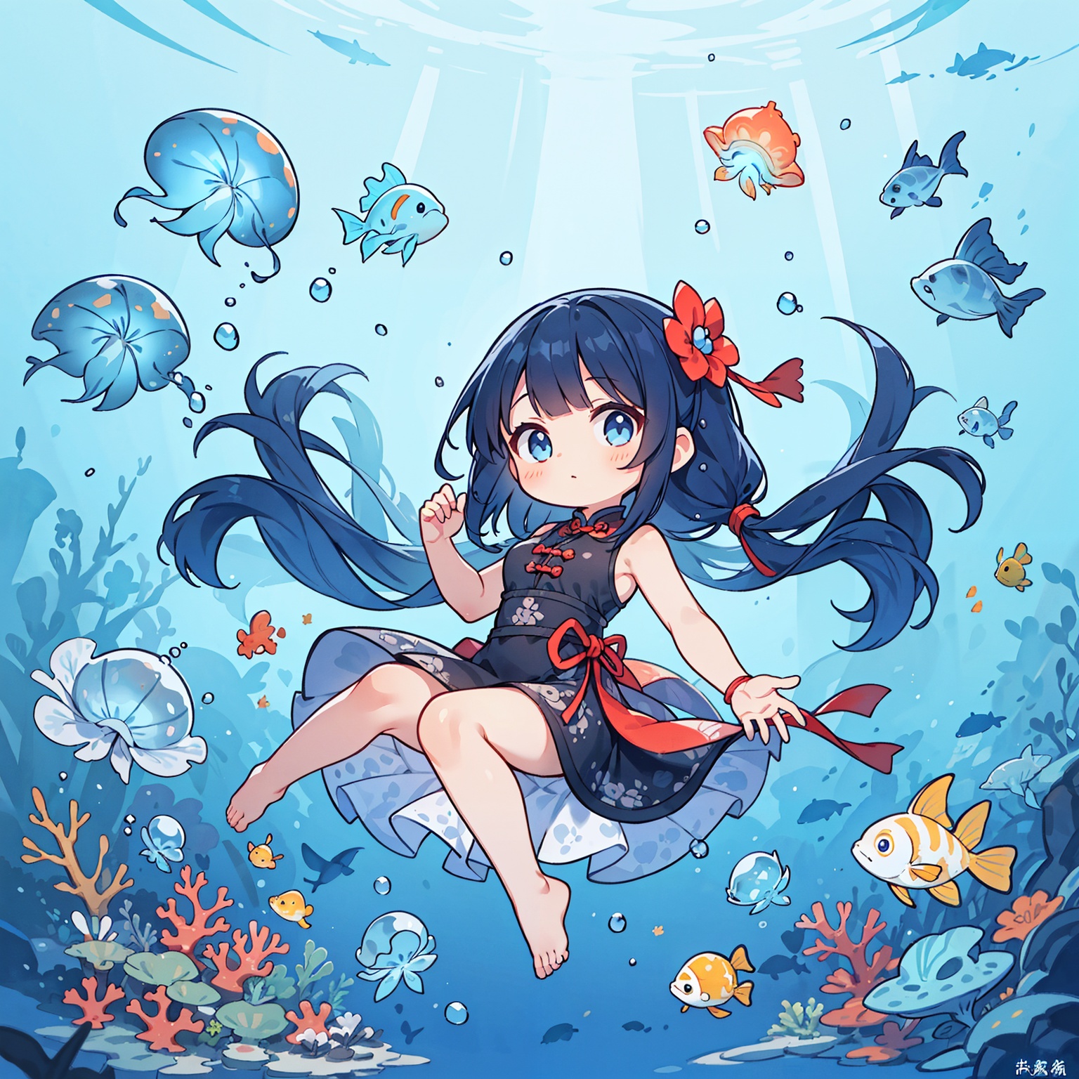 (masterpiece), (best quality),(illustration), ((chinese colorful ink)),wide shot, best quality, epic scenes, impactful visuals, 1girl, long hair, dress, underwater, solo, barefoot, black dress, very long hair, breasts, blue hair, blue eyes, jellyfish,bubble, looking at viewer, bangs, coral, bare legs, sleeveless, full body, medium breasts, air bubble,fish,coral 