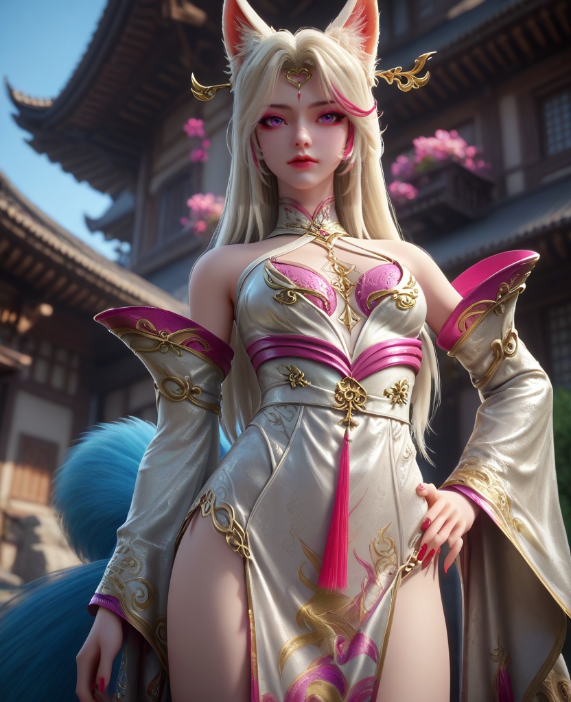 (oriental architecture, elegant decor, sophisticated style:1.1),(Looking down, hands on the hips,:1.1),(breasts:1.2),<lora:XL16克金玩家小狸九尾:0.95>,fox girl,white china dress,purple eyes,facial mark,white hair,pink streaked hair,long hair,fox ears,hair ornament,multiple tails,wide flowing sleeves,pink bra,eyelashes,sharp red fingernails,see-through fart curtain,, zPDXL2, score_9, score_8_up, score_7_up BREAK realistic, masterpiece,best quality, highly detailed,, zPDXL3, zPDXL2,zPDXL, zPDXLxxx, zPDXLrl,