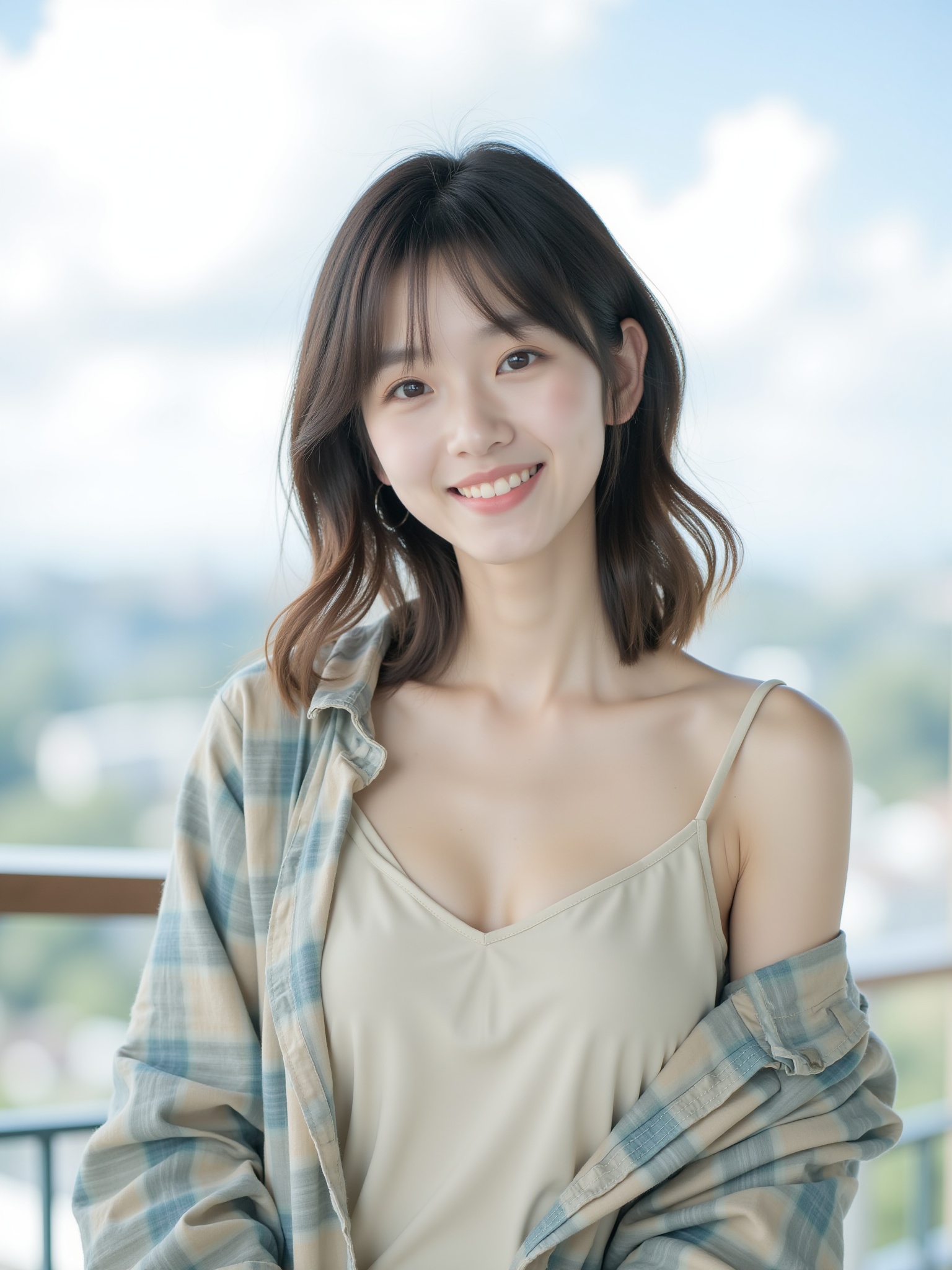 Close-up view of a young woman with shoulder-length brown hair, styled with a slight wave or curl. She's smiling gently, and her expression is pleasant and approachable. She's wearing a light beige/off-white, thin-strapped camisole or **** top under an open, light blue and beige plaid, long-sleeved button-down shirt. The shirt has a relaxed, slightly oversized fit. The plaid pattern is fairly subtle, with the colors muted and soft. The background is blurred but shows a bright, partly cloudy sky visible through what appears to be a window or large opening. Part of a balcony or railing is visible in the lower left corner.The overall lighting is soft and natural, suggesting daylight. The image has a soft, slightly dreamy quality, possibly due to the lighting and the slightly out-of-focus background. The overall aesthetic is soft, feminine, and casual. <lora:小红书顶流嫩妹脸模FLUX:1>