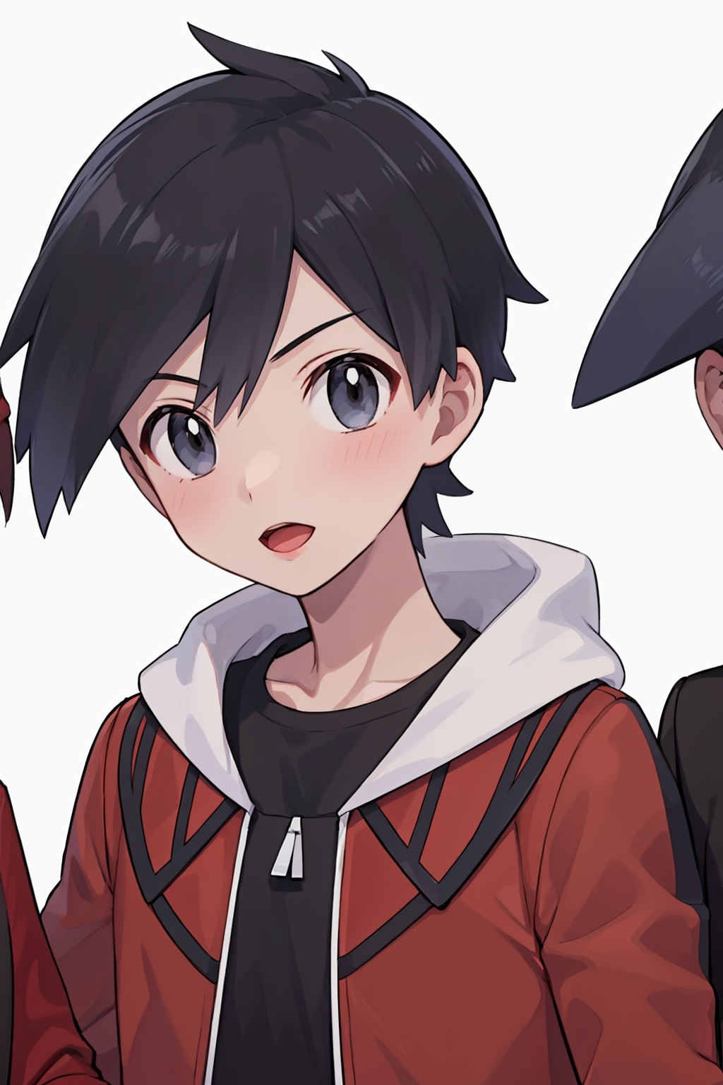 masterpiece,best quality, highly detailed, ethan (pokemon),male focus,open mouth,tongue,long sleeves,red jacket,1boy,d,blush,black shirt,upper body,hand up,white background,zipper pull tab,2boys,<lora:ethan_(pokemon):1>