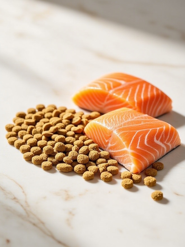 STML,A close-up of glossy, golden cat food kibbles arranged in a heart shape on a marble surface, with fresh salmon and chicken fillets artfully placed beside them, soft natural light highlighting the textures.<lora:S-T-猫粮海报_S1.5:1>