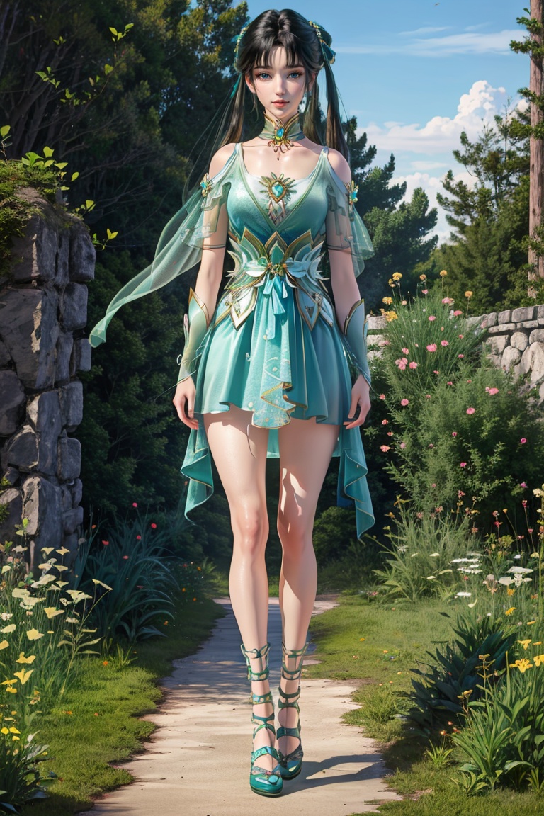 (8k, RAW photo, best quality, masterpiece:1.2),(realistic, photo-realistic:1.3), ultra-detailed, extremely detailed cg 8k wallpaper,(crystalstexture  skin:1.2), (extremely delicate and beautiful), (perfect hands, perfect anatomy:1.2),1girl, solo, black hair, brown hair, hair ornament, long hair, twintails, hair rings, hair bun, blue eyes,dress, green dress, clothing cutout, blue dress, jewelry, ribbon, looking at viewer, (full body:1.3),  <lora:BiYao_v1.0-shishu:0.85>