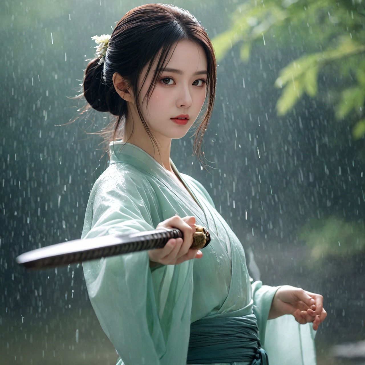 A beautiful girl,hanfu,raining,Holding a sword in his hand,it rains,and he comes from above,and he is known as a martial artist,and he is a hero of arrows,wet_clothes,wet hair,