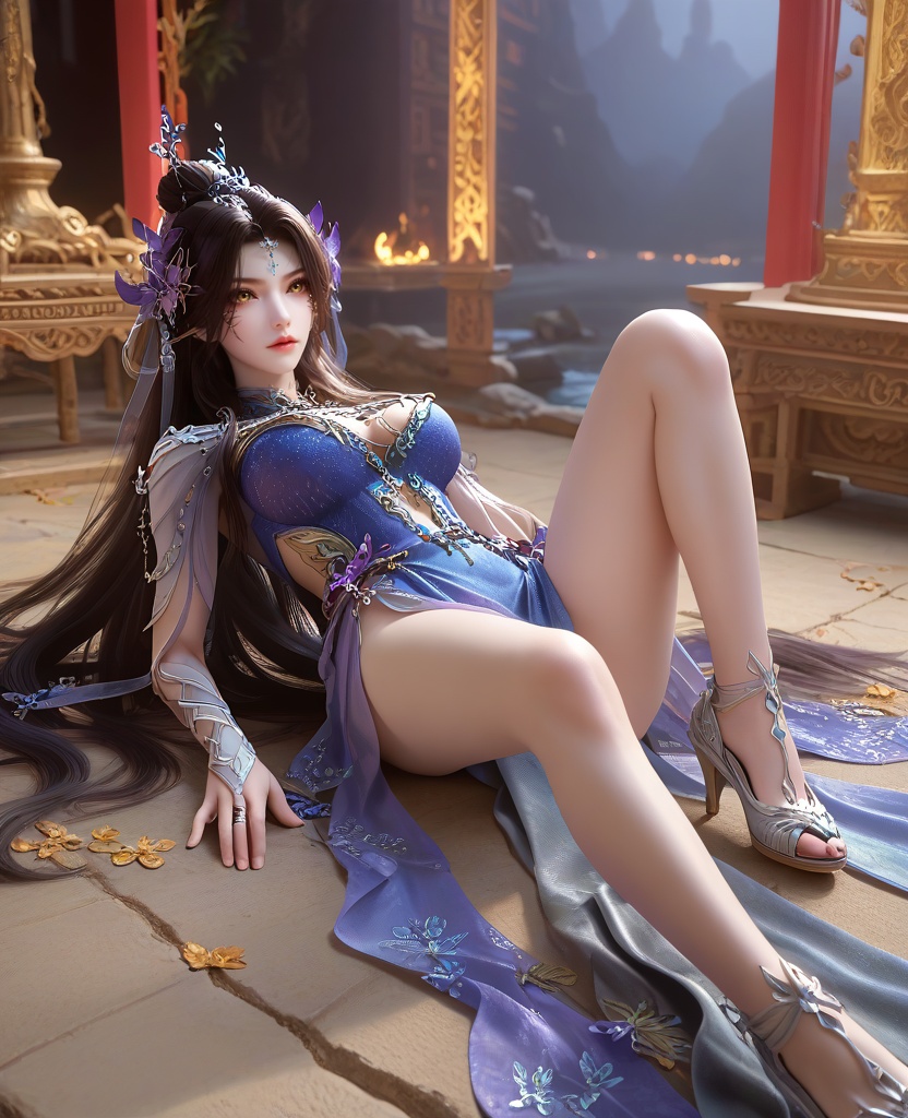(oriental architecture, elegant decor, sophisticated style:1.1),(Lying, on back, legs raised,:1.1),worm's eye,(large breasts:1.2),shoes,<lora:XL16云深不知梦羲和四象归一:0.95>,miss xihe,blue-violet to white ombre gown,yellow eyes,forehead pendan,black hair,traditional chinese updo with long front strands,absurdly long hair,hair ornament,jewelry,elbow gloves,solo,, score_9,score_8_up,score_7_up,score_6_up,score_5_up,score_4_up,3d rendering,tag1,tag2, Cinematic Lighting,backlighting,