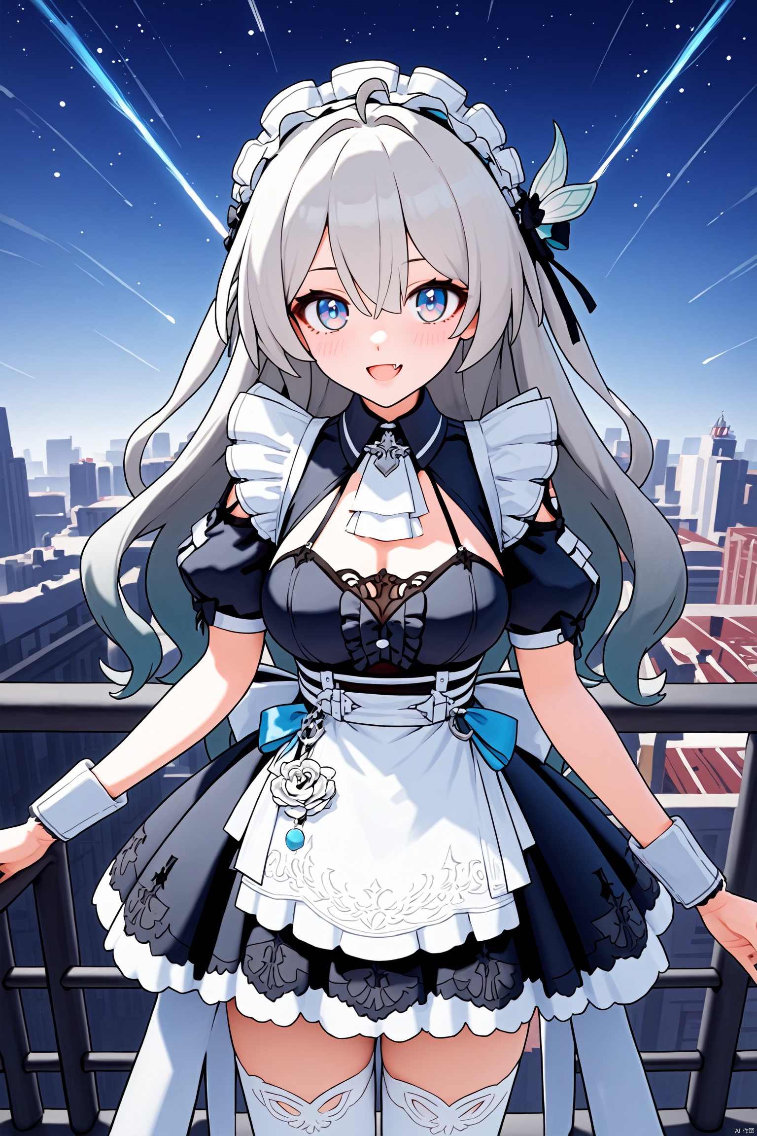 score_9,score_8_up,score_7_up,best quality,masterpiece,source_anime,\\\\\\\\\\\\nai3, 1girl, solo, ahoge, virtual youtuber, , flower, looking at viewer, smile,bangs,between legs, :d, fang, \\\\\\\\\\\\\\standing,The girl on the top of the building, the starry sky, the meteor crossed, the city skyline behind her was extremely beautiful, the breeze was blowing, the girl's heart was confused, her face was red, and she stroked her hair\\\\\\\\\\\\\Top view, panorama, fisheye lens,\\\\\\\\\\\\\\maid,liuying,1girl,long hair,maid headdress,blue eyes,grey hair,white thighhighs, breasts<lora:EMS-313207-EMS:0.700000>