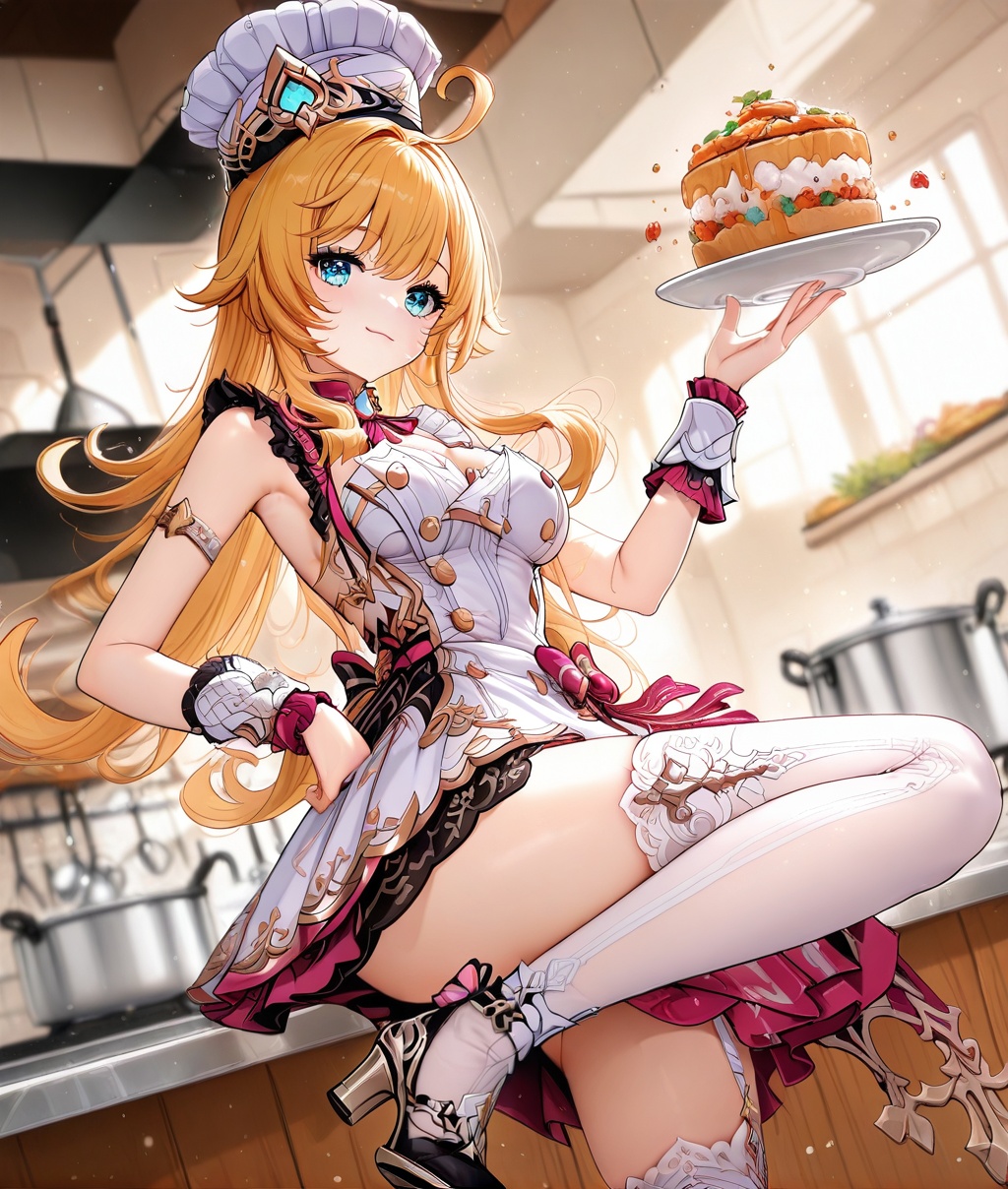 escoffier \(genshin impact\),XUER guangying,1girl,escoffier (genshin impact),Xue Guangying,1 Girl,escoffier (genshin impact),breasts,solo,blonde hair,thighhighs,long hair,food,high heels,cleavage,hat,blue eyes,smile,chef hat,hair ornament,holding,looking at viewer,white thighhighs,tail,tray,clothing cutout,bare shoulders,white headwear,ahoge,garter straps,closed mouth,large breasts,cleavage cutout,dress,plate,apron,standing on one leg,standing,very long hair,leg up,medium breasts,depth of field,extreme aesthetics,masterpiece,best quality,ultra HD,32K resolution,sharp focus,delicate details,high-end textures,fashion photography,cinematic perspective,rich colors,splashed palette,advertising style,tense composition,emotional masterpiece,gentle atmosphere,latest,dynamic and dutch angles,perspective composition,