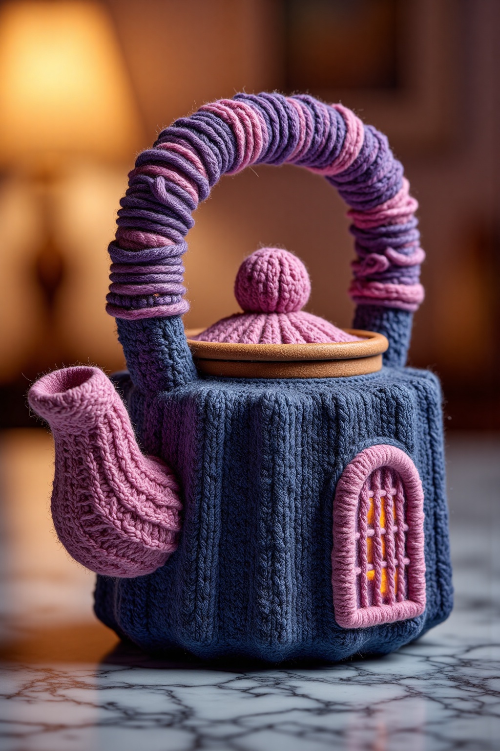 beijihui,A close-up shot of a purple knitted teapot with a pink handle. The handle is made of yarn,and the body of the teacup is made from a blend of purple and pink yarn. There is a pink knitted cap at the top of the handle,and there is a small window at the bottom right corner. The background is blurred,but the light is on,creating a soft glow.,