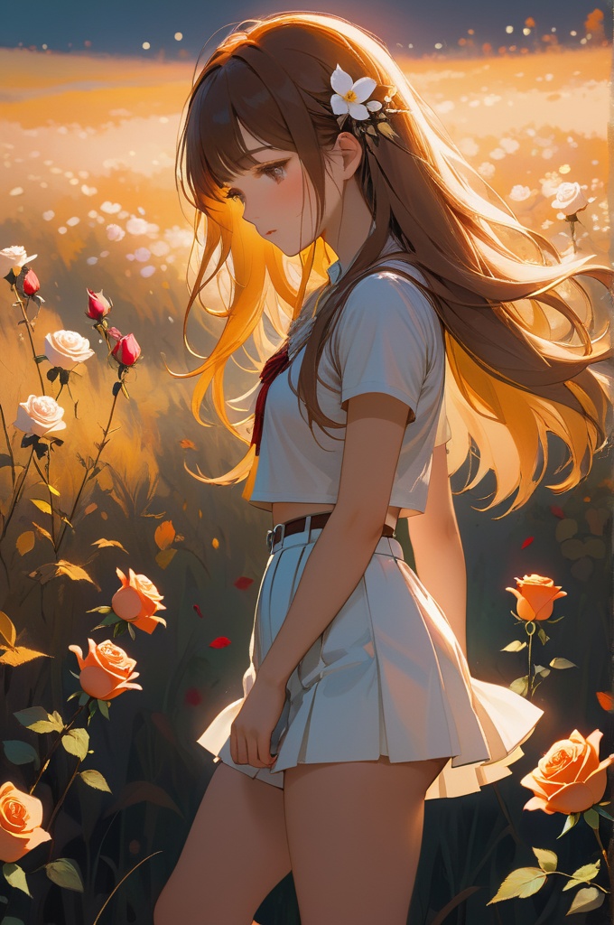 A melancholic autumn scene in a vast flower field,a gentle breeze rustling through the dry grass,fallen leaves scattered among the flowers, a bittersweet atmosphere, a moment of quiet contemplation,1girl,long hair,white_skirt, high-waist_shorts, outfit ,roses,(dynamic angle:1.1),vivid,Soft and warm color palette, delicate brushwork, evocative use of light and shadow, wide shot,subtle details in the wilting flowers,high contrast,color contrast,at night,shadow