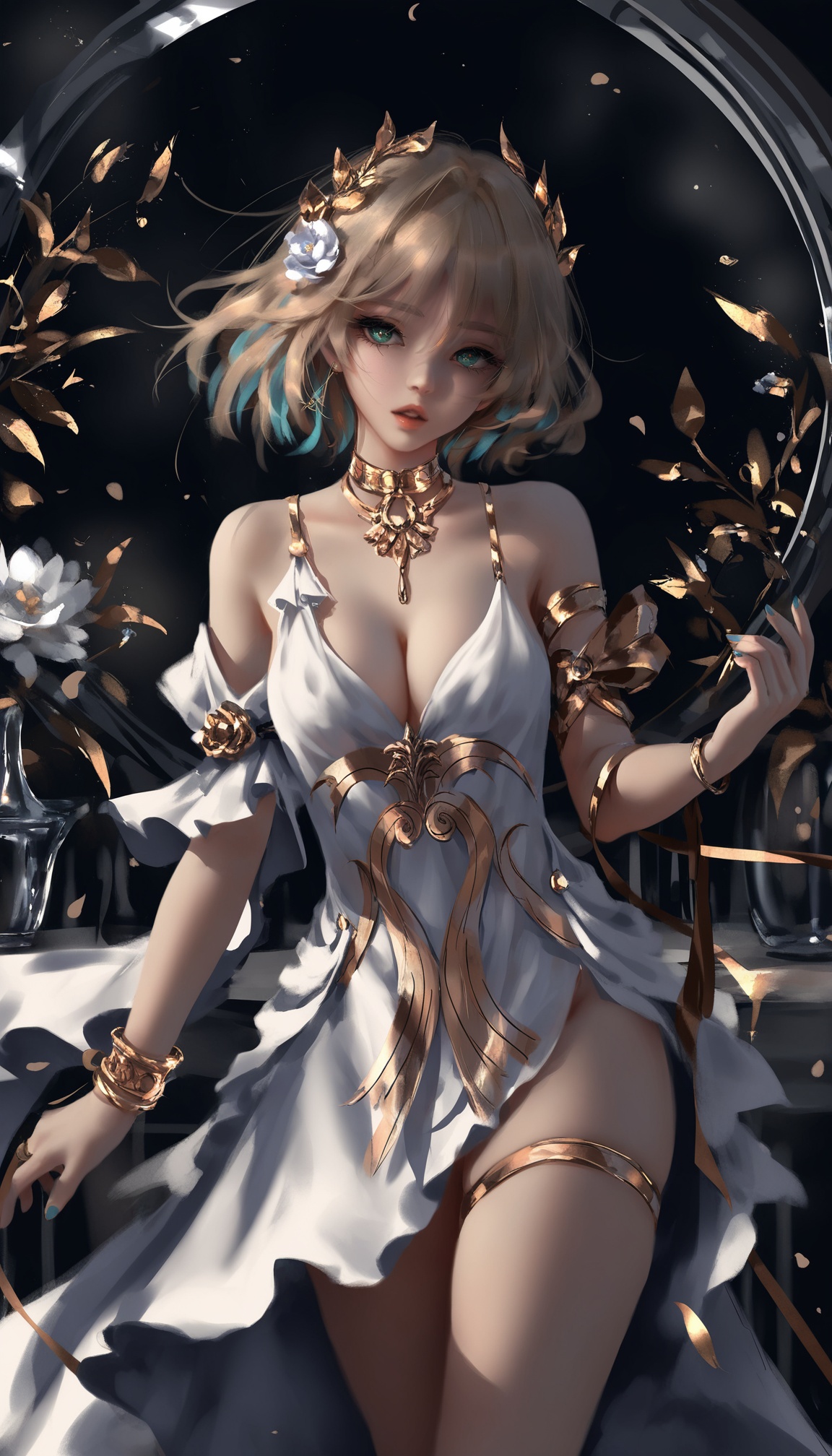 <lora:阿格莱雅noob:1>,aglaea,a girl named aglaea,1girl,white dress,cleavage,bare shoulders,parted lips,looking at viewer,bracelet,laurel crown,flower,gold choker,sleeveless dress,detached sleeves,thigh strap,collarbone,year 2024,(sheya:0.2),(ooo_wange:1),(wlop:0.99),rurudo,(fuzichoco:0.0),, very awa,very as2, best quality, masterpiece, best quality, absurdres, highres,newest