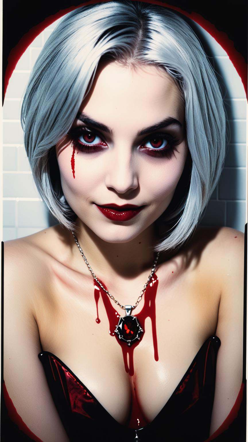 a dark and gritty photo of a seductive female vampire bathing in a bath of blood,  spooky,  beautiful eyes on Tensor.Art