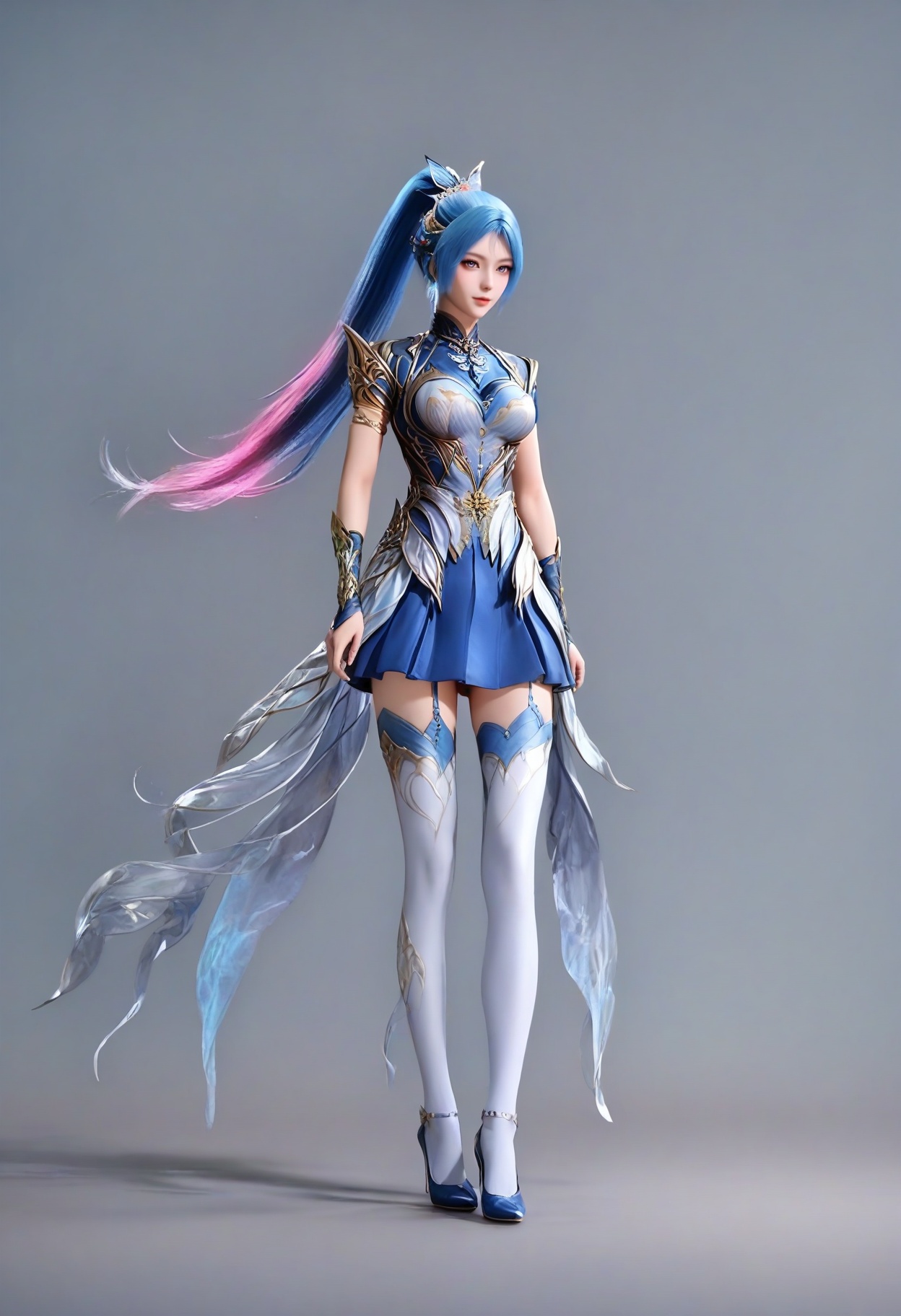 air_skin,white_skin,score_9,<lora:SF_WangQiuErArmor_Pony_Realism2.3-000003:0.7>,dress,hair ornament,blue  hair,ponytail,multicolored hair,1girl,breasts,medium breasts,thighhighs,blue skirt,solo,standing,looking at viewer,simple background,full body,high heels,