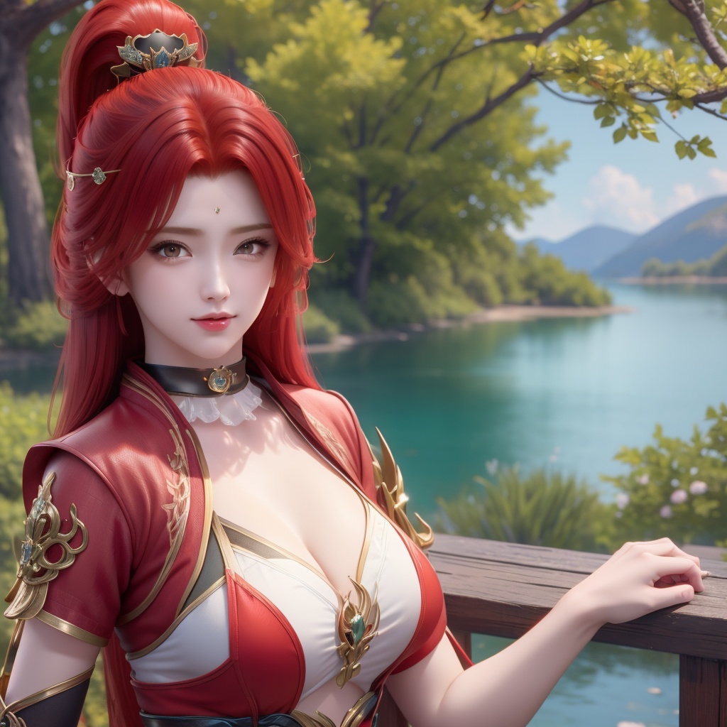 <lora:斗破苍穹-唐火儿:0.8>,red hair,   (,1girl, ,best quality, ),looking at viewer,  ,ultra detailed 8k cg, ultra detailed background,  ,masterpiece, (( , )) , lake,upper body,   (cleavage), (),