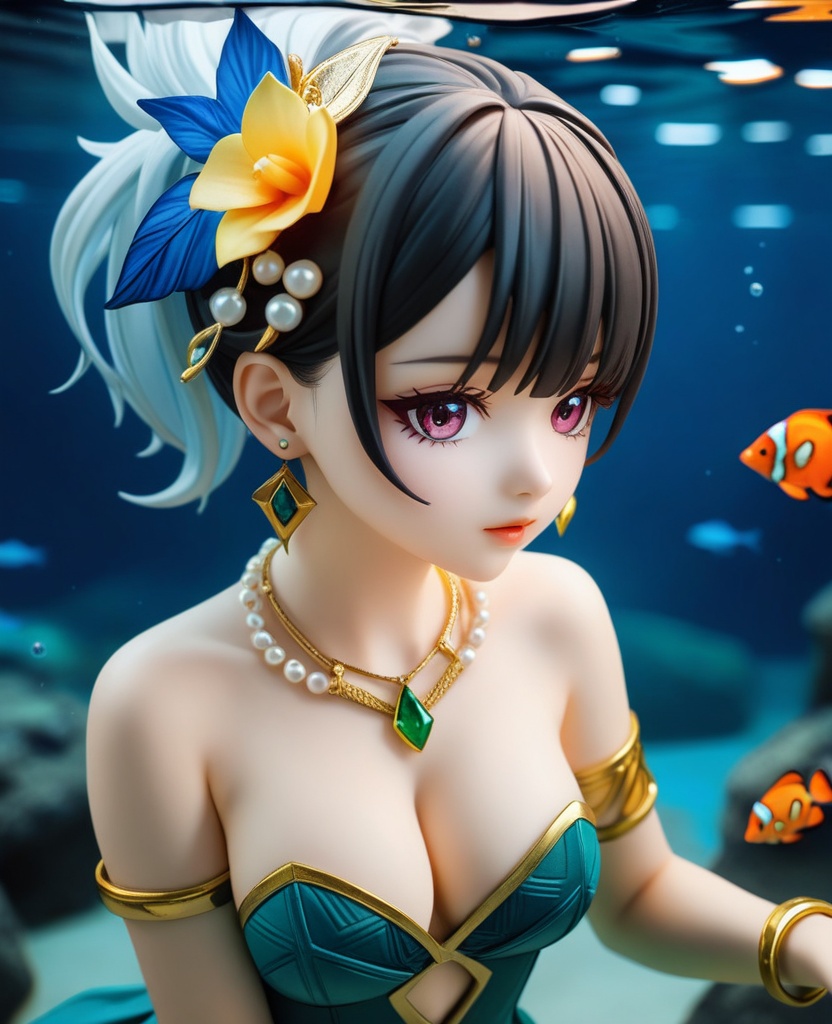 (,1girl, ,best quality, ),looking at viewer,masterpiece, ((((, solo,  , ,solo focus, ,underwater, )))) ,ultra realistic 8k cg,   clean, masterpiece,     cinematic lighting, cinematic bloom,  (( , )),, , unreal, science fiction, luxury, jewelry, diamond, gold, pearl, gem, sapphire, ruby, emerald, intricate detail, delicate pattern, charming, alluring, seductive, erotic, enchanting, hair ornament, necklace, earrings, bracelet, armlet,,(cleavage),