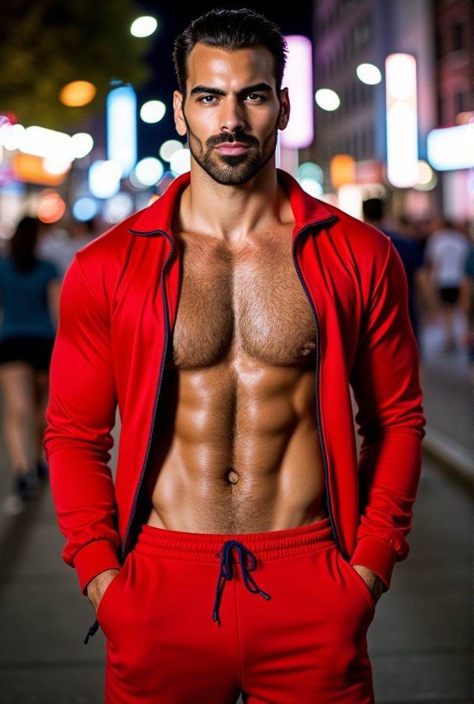 Nyle Dimarco ,  realistic photo in a worn ((skin-revealing skimpy erotic red tracksuit,  massive pecs)) on Tensor.Art