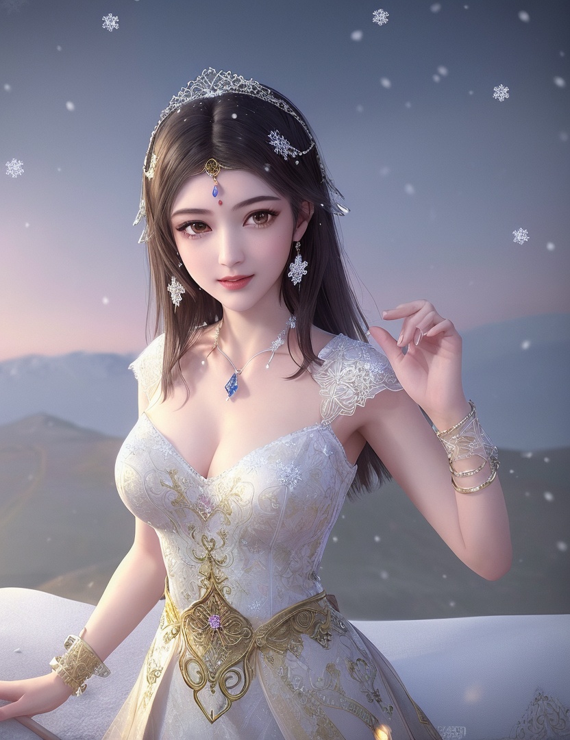 ultra realistic 8k cg, flawless, clean, masterpiece, professional artwork, famous artwork, cinematic lighting, cinematic bloom, perfect face, beautiful face, fantasy, dreamlike, unreal, science fiction,   lace, lace trim, lace-trimmed legwear, luxury, jewelry, diamond, gold, pearl, gem, sapphire, ruby, emerald, intricate detail, delicate pattern, charming, alluring, seductive, erotic, enchanting, hair ornament, necklace, earrings, bracelet, armlet,halo,autumn,((,1girl, pov,best quality, ))  , ((((1girl, solo,outdoors, large breasts,,snowflakes,  snow, snowing,   ))))    <lora:DA_BaiCai:0.7>