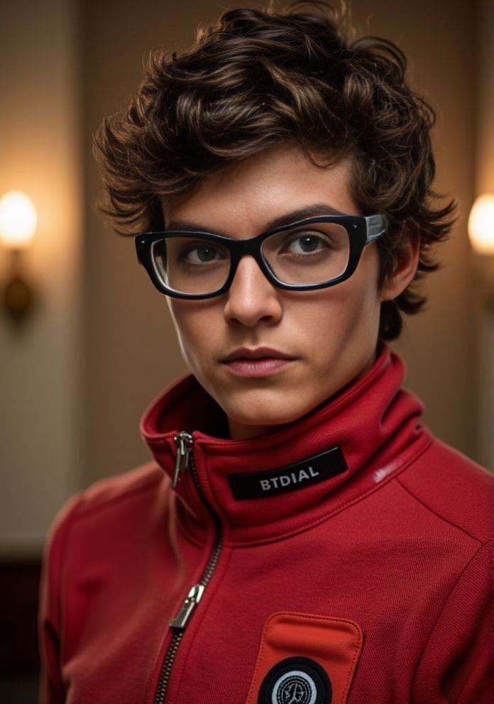 Daniel Sharman ,  Hi-res photo. He wears futuristic electronic glasses. He is wearing a light red,  close fitting flight s...