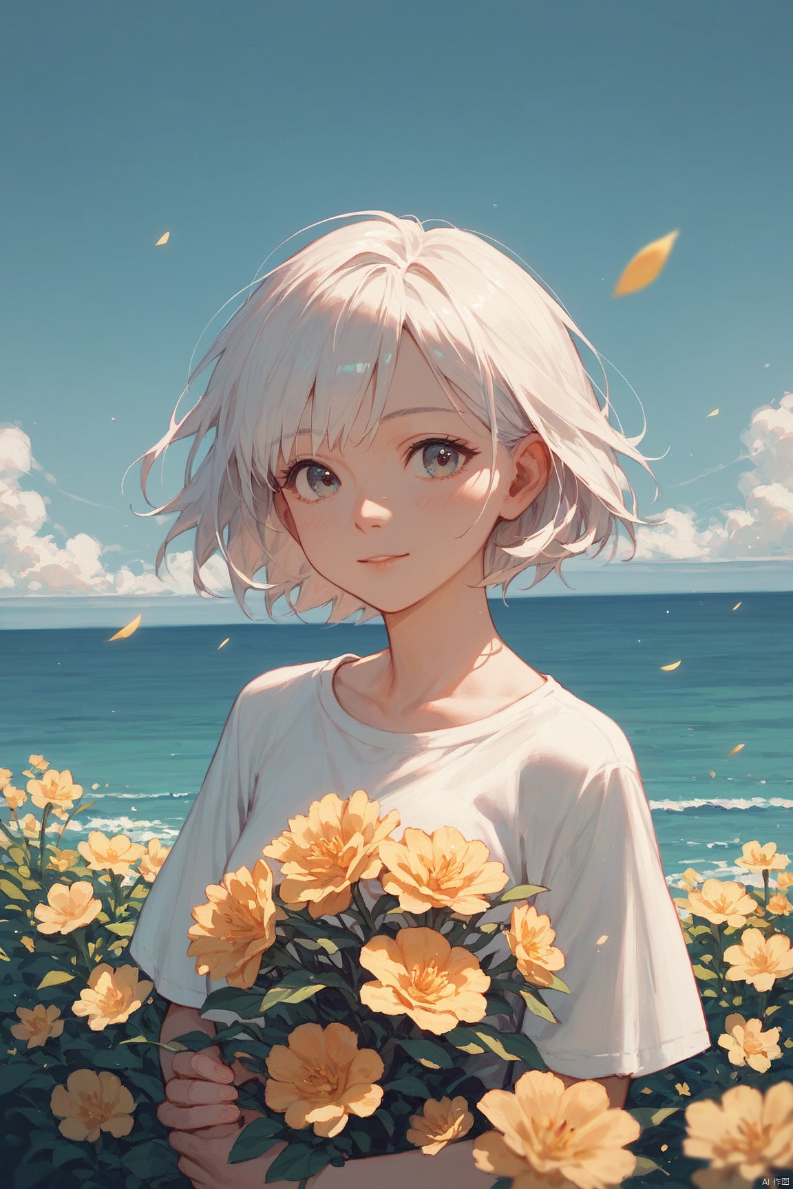 score_9,score_8_up,score_7_up,score_6_up,1 girl, short silver hair, looking at the camera, cute, solo, white shirt, holding a flower in both hands, upper body, sea of flowers, beautiful, masterpiece, best quality