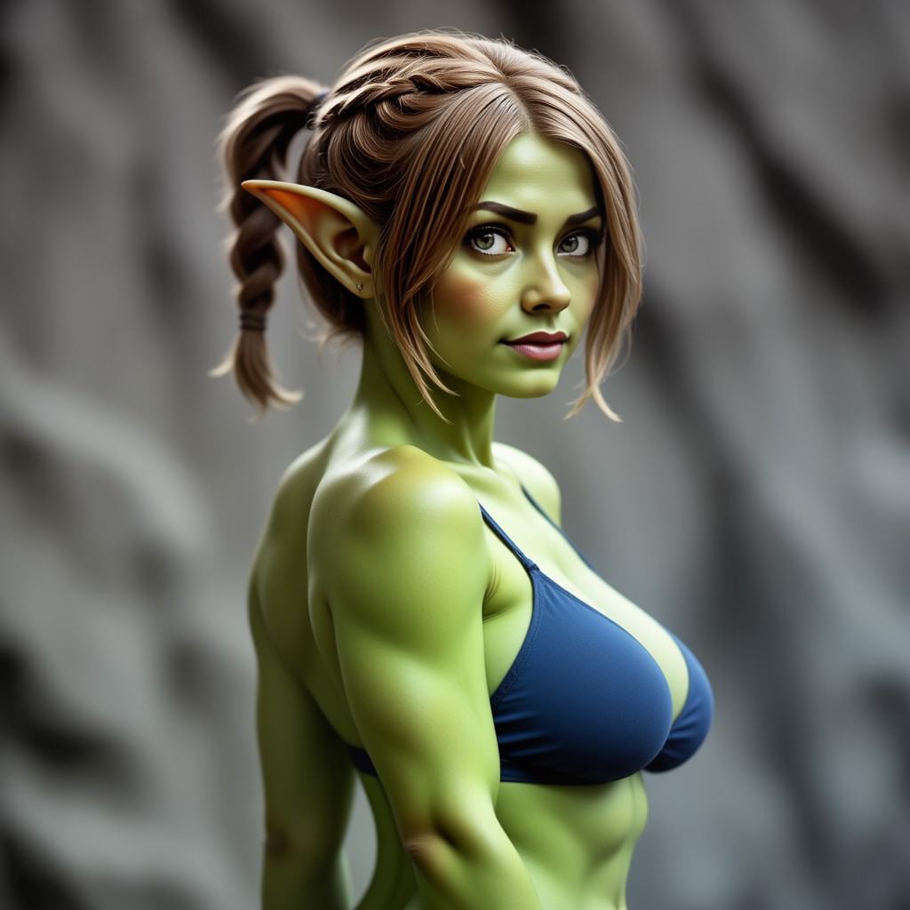 This is a highly detailed,  realistic digital artwork of a green-skinned,  elf-like woman with pointed ears. She has light...